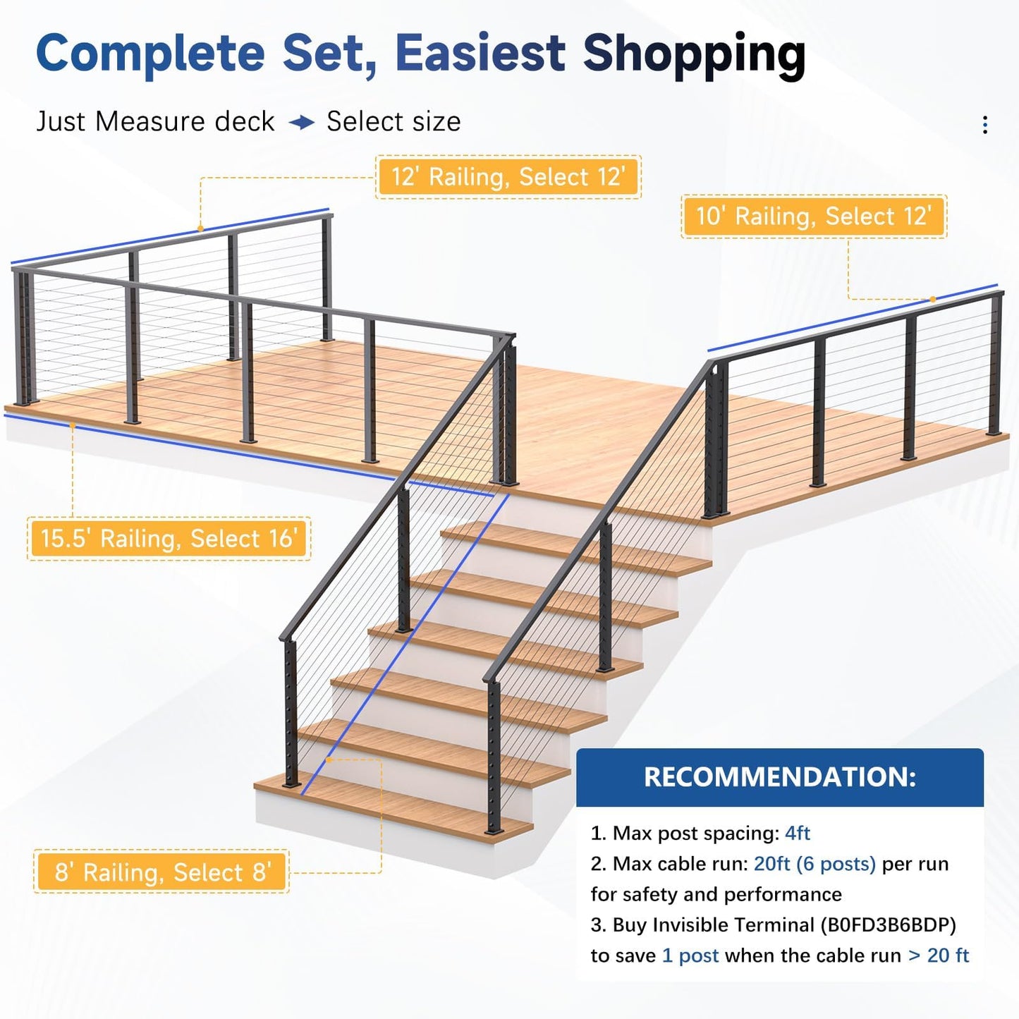 Zylorix 4ft-8ft Complete Set 33° Drilled Cable Railing System 42" with Handrail Cuttable, T304 Stainless Steel Black Angle Cable Railing Posts Kit with 1/8" Cable Railing Hardware for 28-38° Step