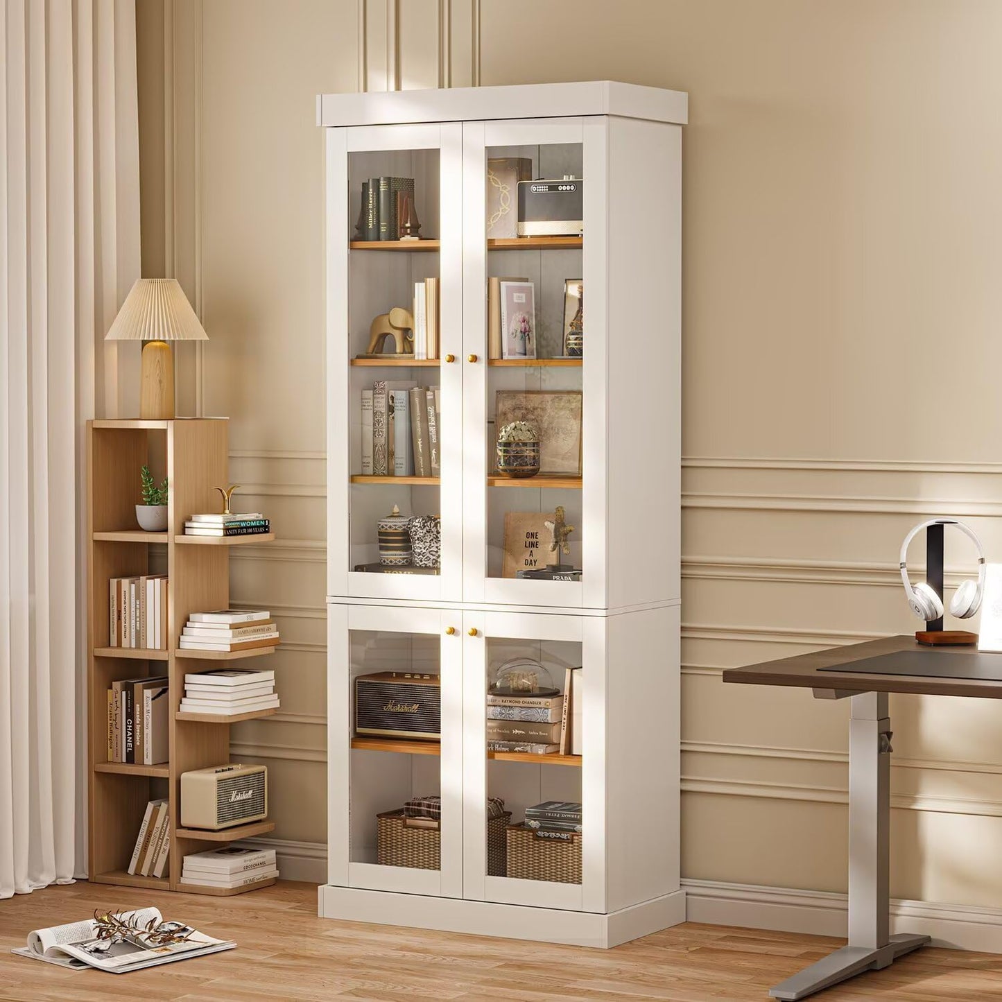 Vyre 70.8" Bookshelf with Glass Doors, Farmhouse Modular Bookcase with 6-Tier Adjustable Shelves, Large Storage Cabinet for Living Room & Home Office, Set of 2, White