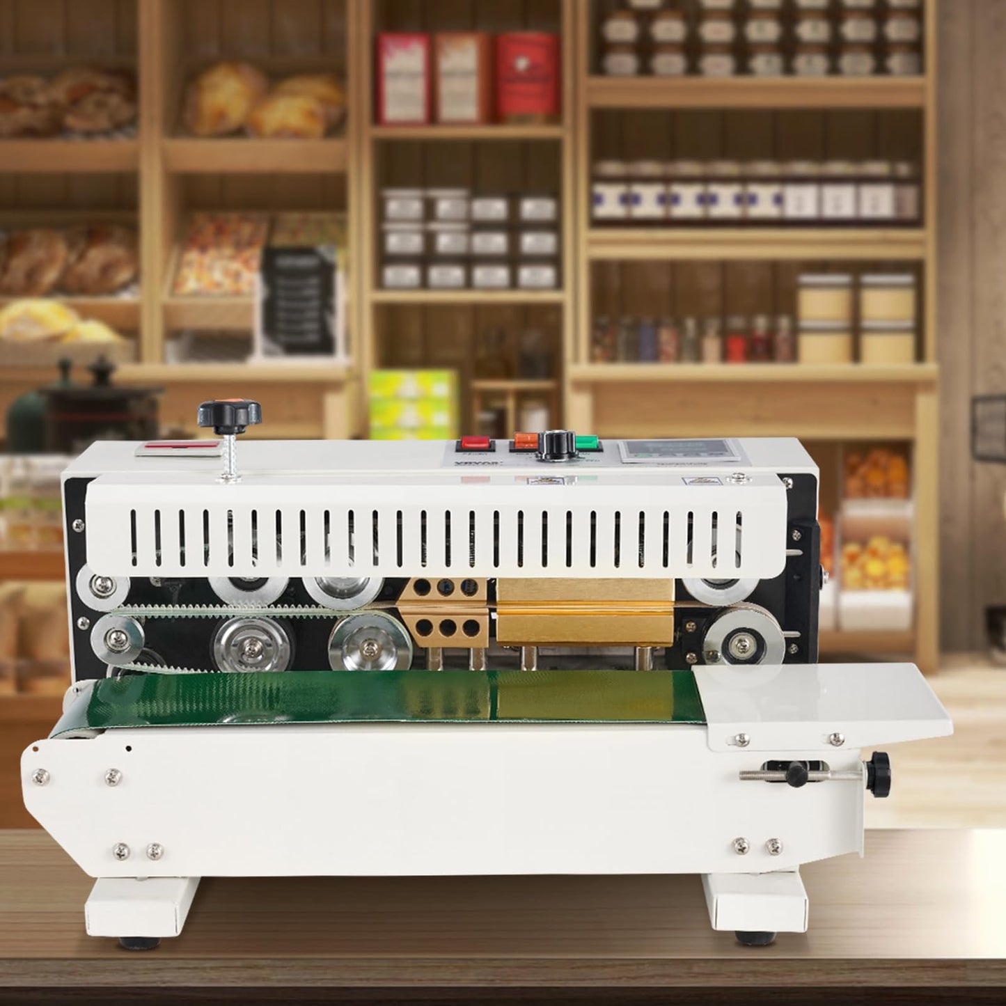 VEVOR Continuous Bag Band Sealing Machine FR900K Band Sealer Machine with Digital Temperature Control Horizontal Bag Sealer for 0.02-0.08 mm Plastic Bags Continuous Band Sealer w/Printing Function