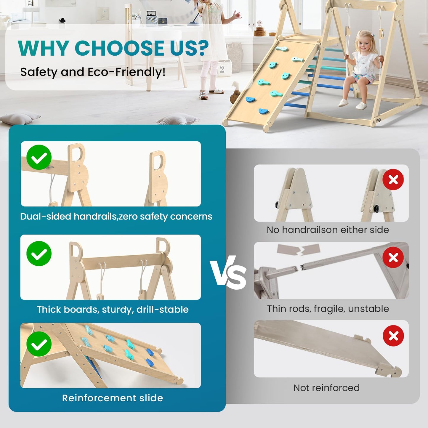 BlueWood 4 in 1 Indoor Jungle Gym, Foldable Wooden Climbing Set with Swing, Slide, Ladder and Climbing Wall, Montessori Philosophy Climber Playset for Kids Aged 2+ (Sky Blue)
