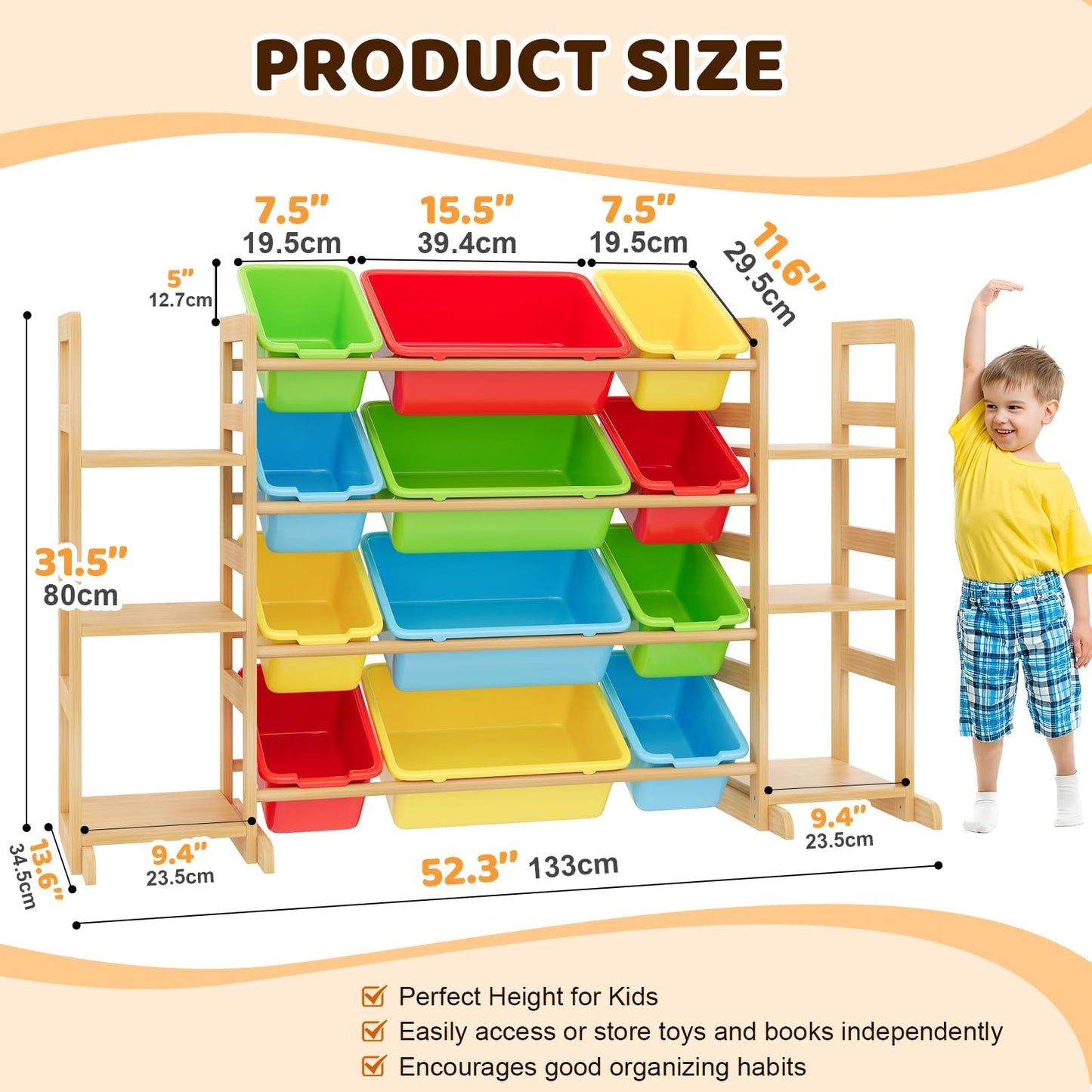 Ratulie Large Toy Storage Organizer Kids Toy Organizer and Bookshelf Combo with 12 Bins and 6 Shelves Toy Organization Box Toy Shelf for Playroom, Bedroom, Nursery