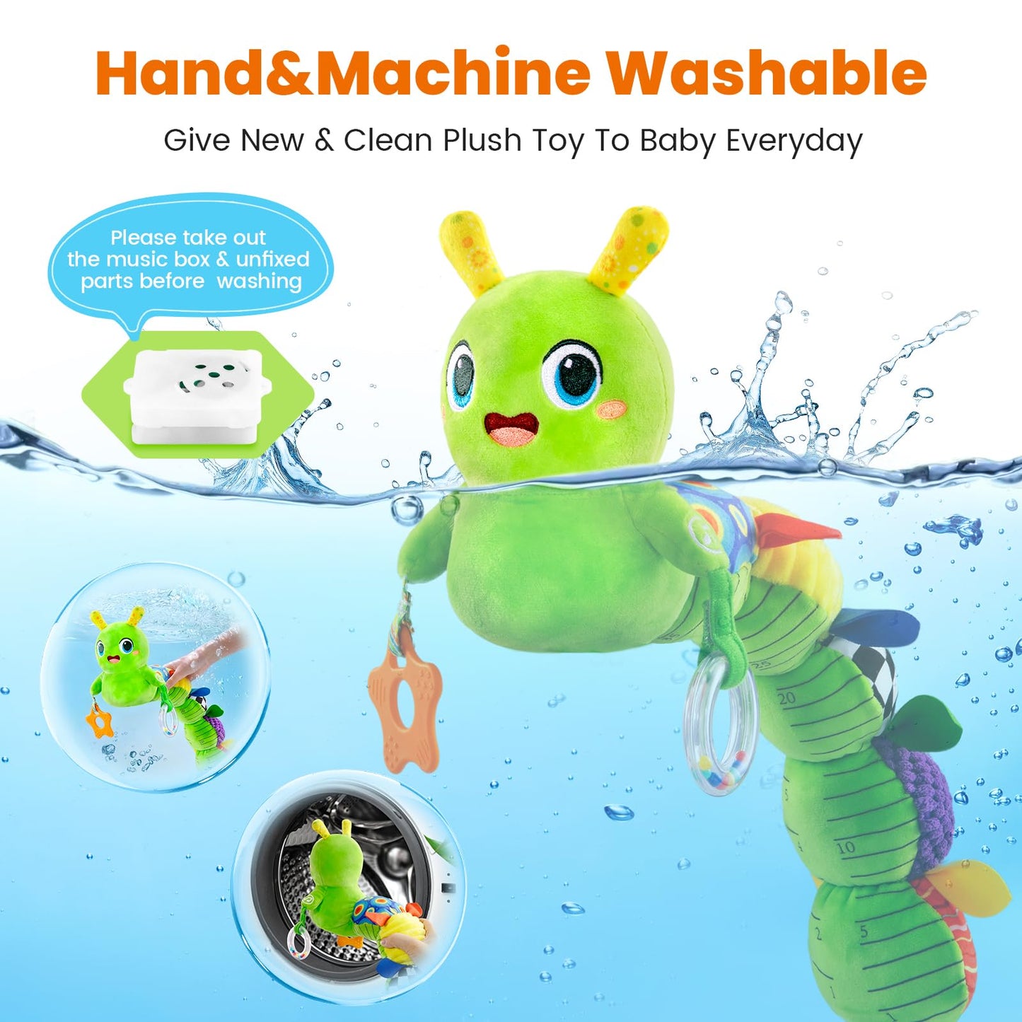 gogonova Baby Musical Caterpillar Toy 0-12 Months, Washable Teething Rattle with 10 Kids Songs, Infant Tummy Time Toy for Newborn Boys Girls (Green)