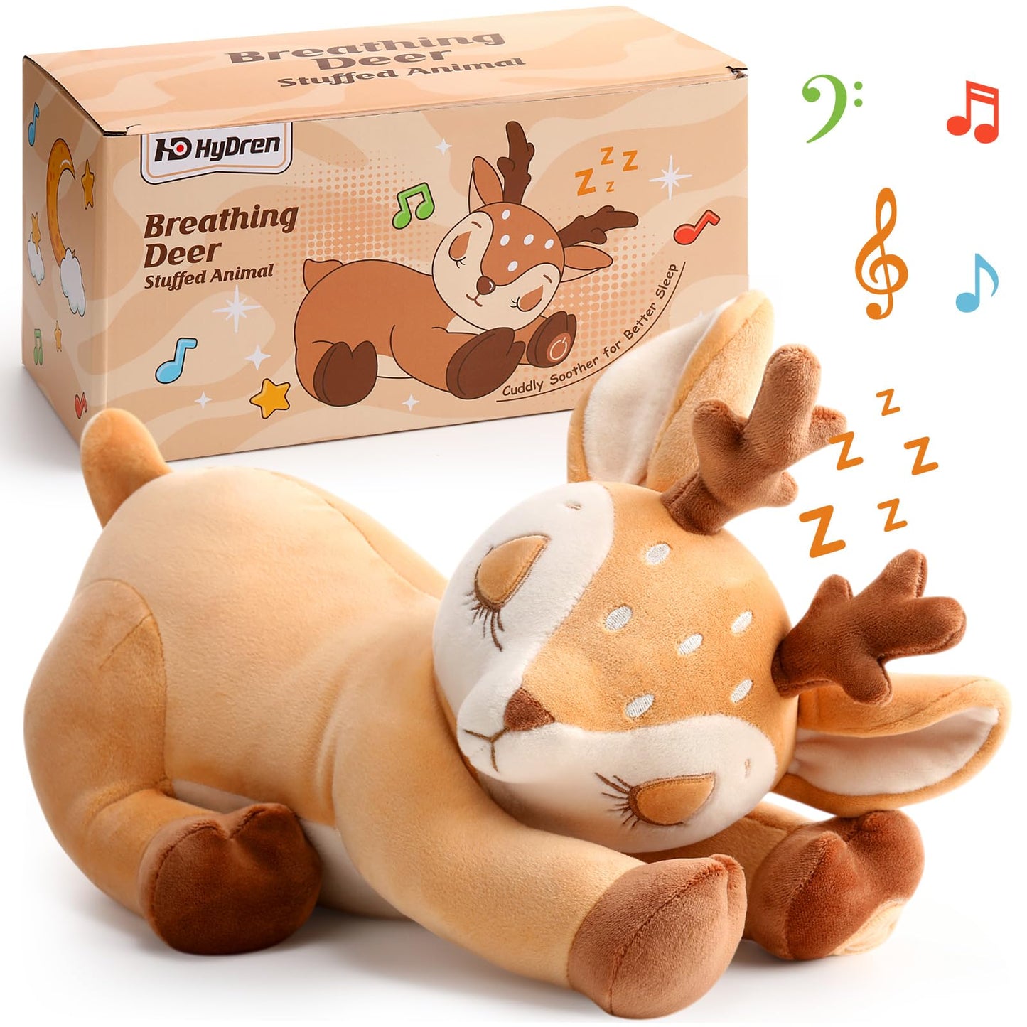 HyDren Breathing Stuffed Animal Soothing Deer Anxiety Stuffed Animal, Soft Anxiety Plush Toys with Music Lights and Realistic Breathing Motion for Adults Kids Sleep Relaxation Holiday Birthday Gifts
