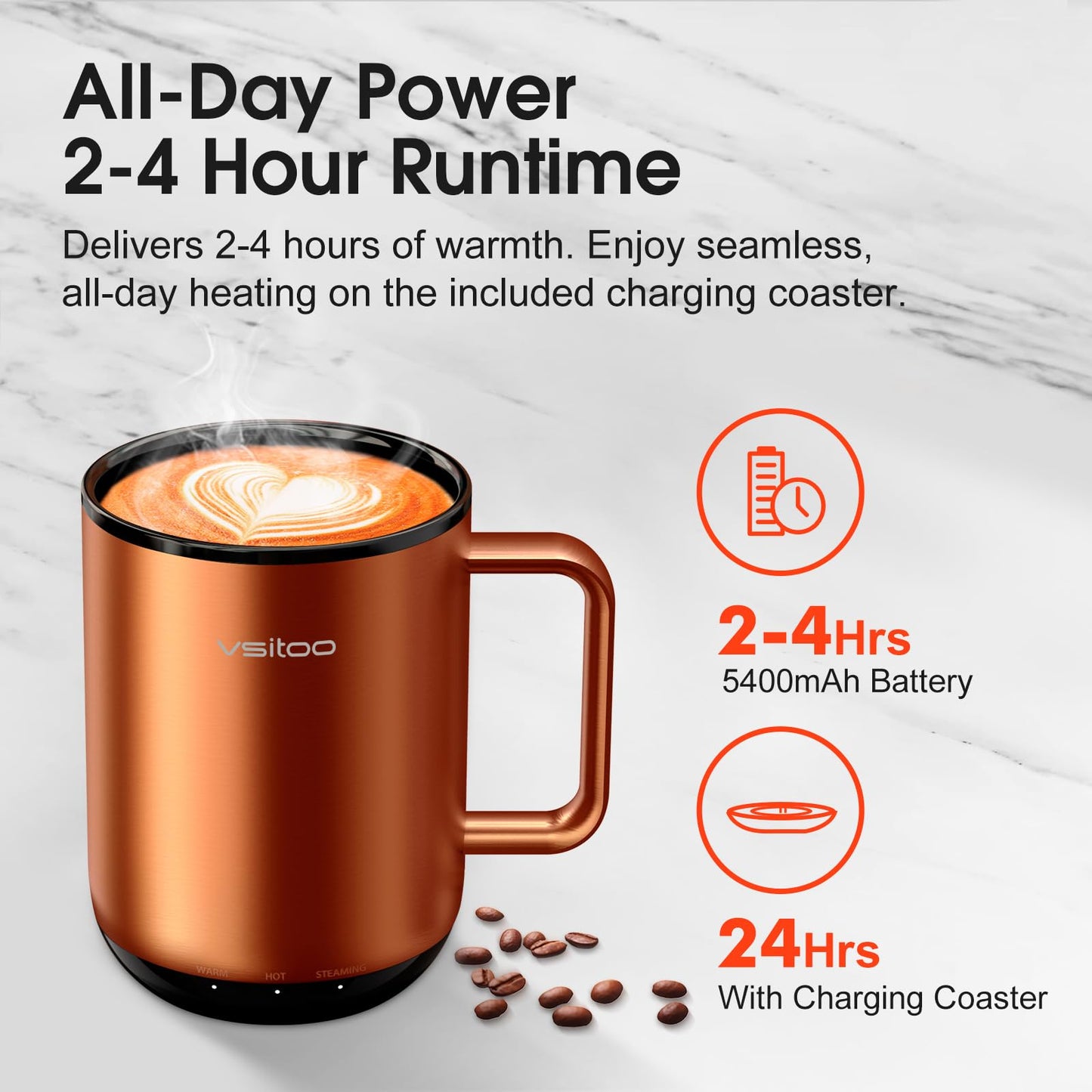 Vsitoo S3 Plus 14oz Heated Coffee Cup - Temperature Control Smart Mug with Mug Warmer, Auto-Sensing AI Heats Drinks to 120-150°F Hands-Free.Ideal for Home/Office/Gifts，Copper