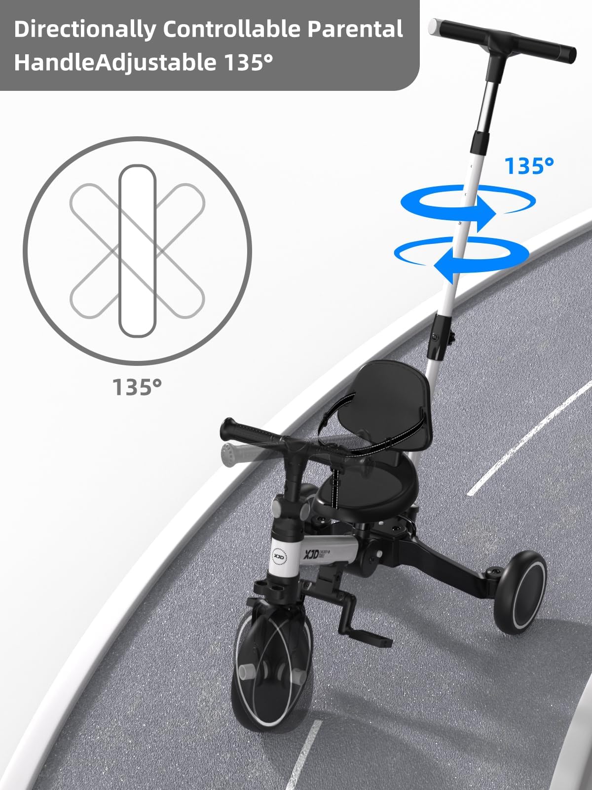 XJD Toddler Bike, 6 in 1 Folding Toddler Tricycle for 1-4 Year Old with Parental Control Handle, Balance Bike with Removable Pedal, Backrest, Adjustable Seat Height, First Birthday Gifts (White)