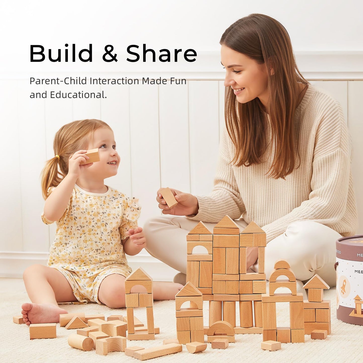 MEEYOO 100pcs Natural Beech Wooden Building Blocks for Toddlers 1-3, Wooden Blocks for Baby Shower with Storage Bucket, Montessori Toys for Preschool Girls and Boys