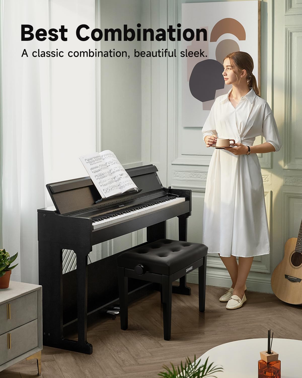 Donner Adjustable Piano Bench, Solid Wood Keyboard Bench Piano Chair Seat with High-Density Sponges Cushion,Wooden Piano Stool with Metal Lifting Devices, Black