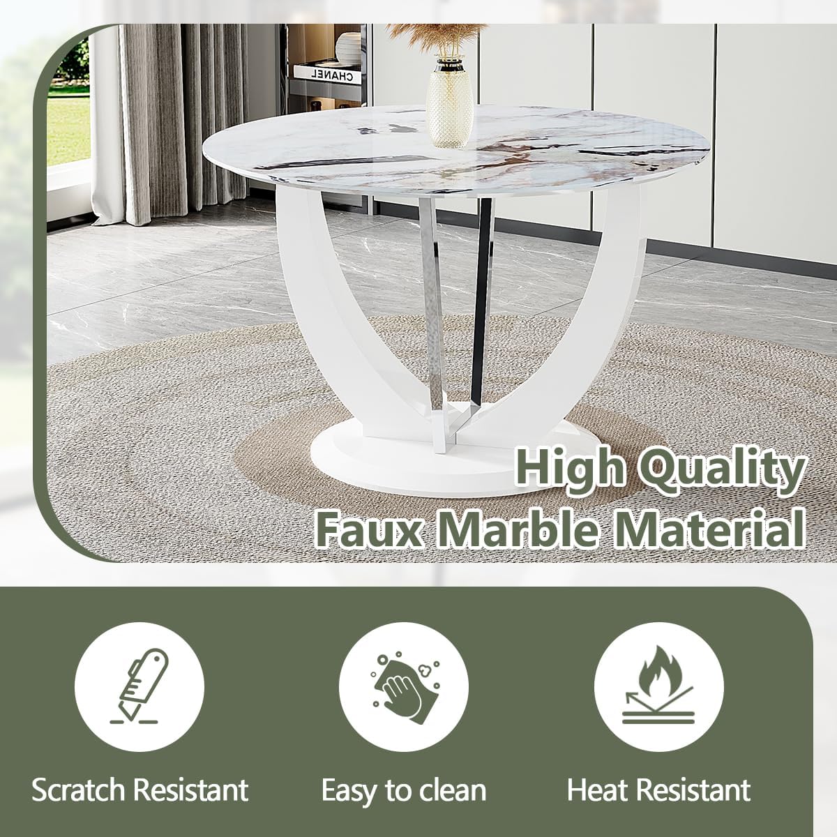 JUFU Round Dining Table Set for 4, 47" White Dinner Table Set for 4 with Marble Pattern Tabletop and PU Upholstered Black-007 Chairs, Modern 4 Chair Dining Table Set for Dinning Room, Living Room