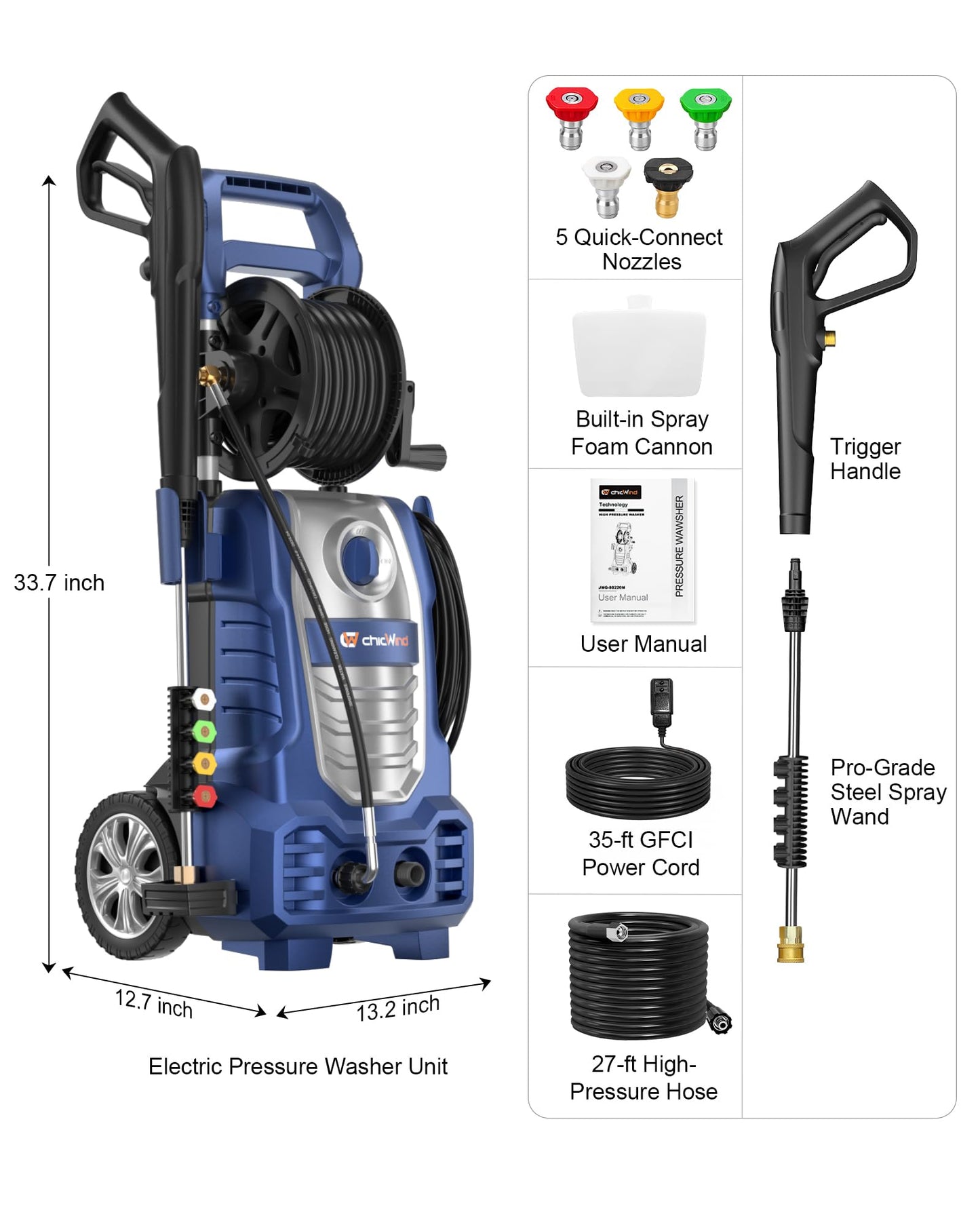 ChicWind 1800W Outdoor Cleaner Washer with 5Nozzles Set&Foam Cannon,27ft Hose,Adjustable Handle,Power Washer for Driveways,Cars,Fences,Decks,Patios&Outdoor Cleaning