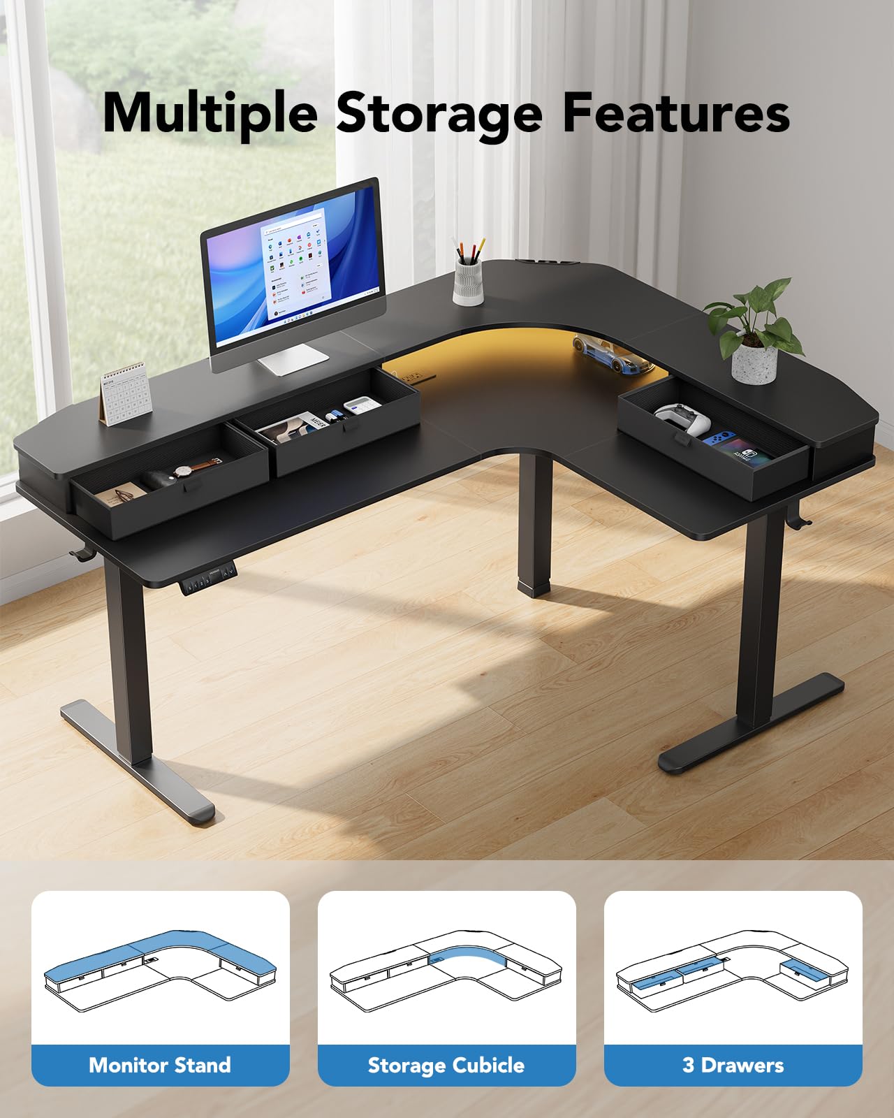 HUANUO 65″ L-Shaped Standing Desk with Power Outlets & LED Strip, Electric Height Adjustable Corner Computer Desk, Sit Stand Up Desk with 3 Drawers, Black