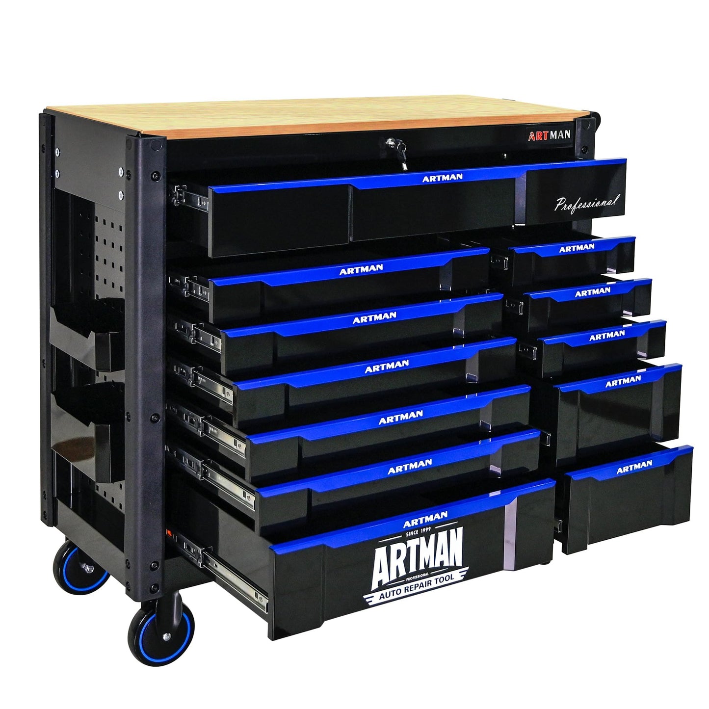 WTRAVEL Heavy Duty Rolling Tool Chest with 12-Drawer Tool Cart Mechanic Tool Box with Wheels Tool Storage Cabinet Mobile Workbench Tool Bench for Garage, Workshop, Warehouse, Repair Shop, Wood Top