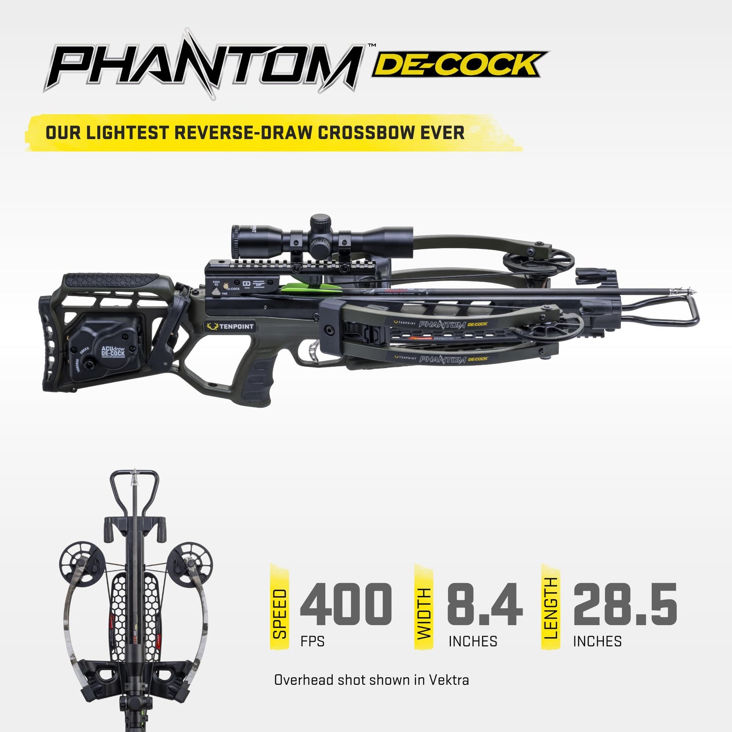 TenPoint Phantom De-Cock, Moss Green - 400 FPS - Our Lightest Reverse Draw Crossbow Ever - Equipped with Pro-View 400 Lighted Scope + ACUdraw De-Cock System