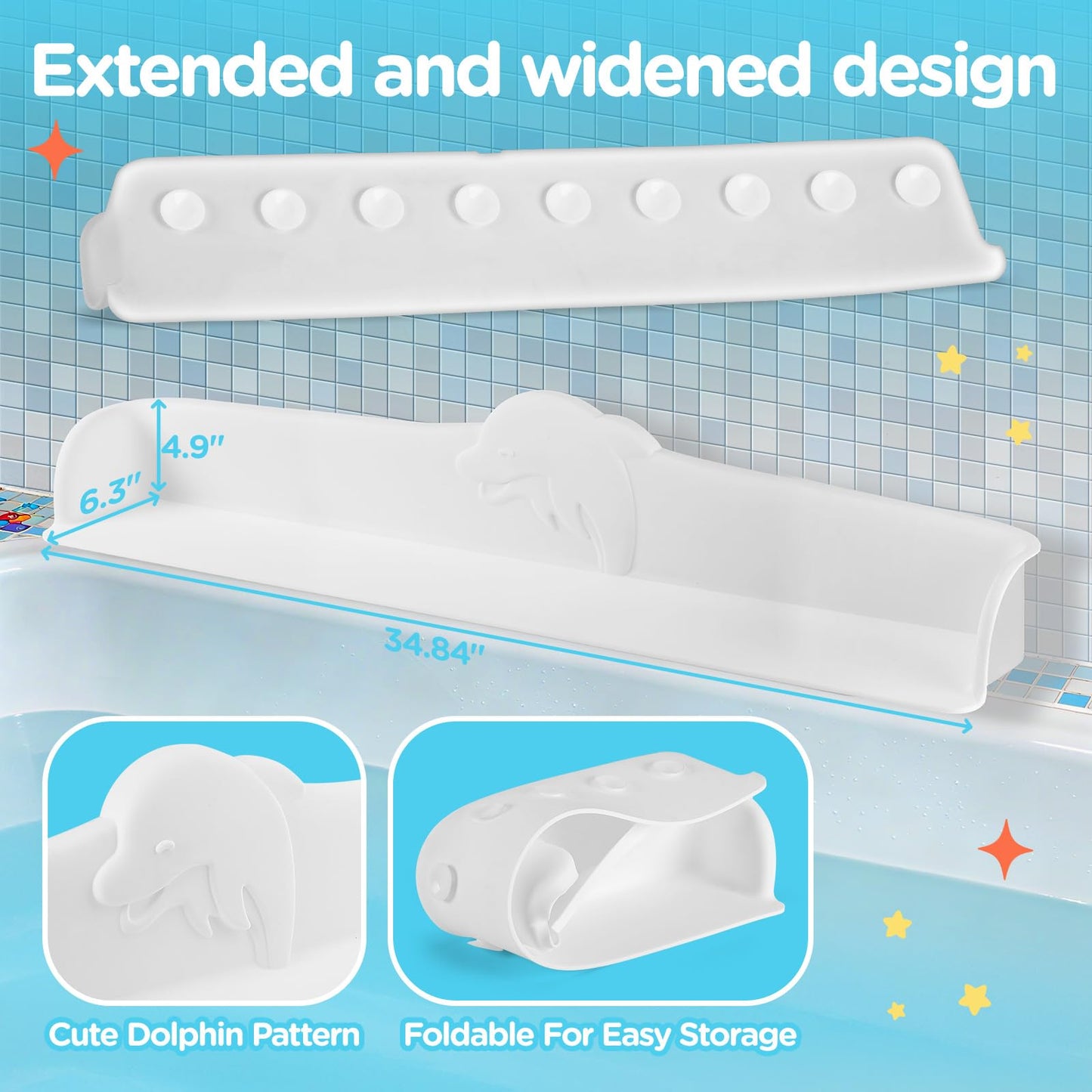 3FT Dolphin Pattern Bathtub Splash Guard Play Shelf for the Wide &Straight Bathtub Edge Toy Tray Caddy Holder Storage Suction Cups Attach to Bath Tub No Mess Water Spill in Bathroom (White)