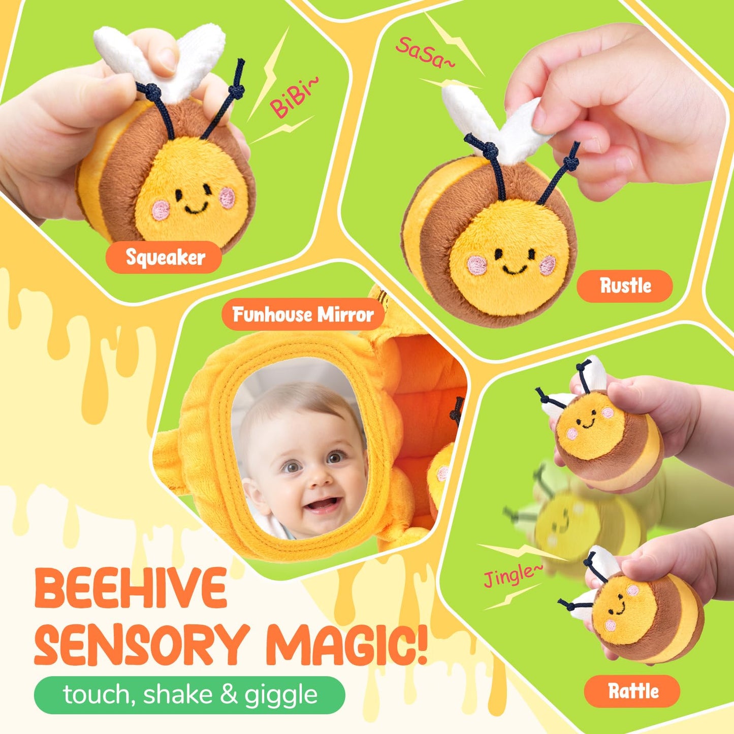 JoyCat 6 Month Old Baby Toys, Flower Beehive with 5 Stuffed Sensory Bees, Crinkle, Rattle, Mirror, Montessori Toys for 6-10 Months Old Babies, Infant Toys Baby Shower Easter Basket Stuffers Gifts