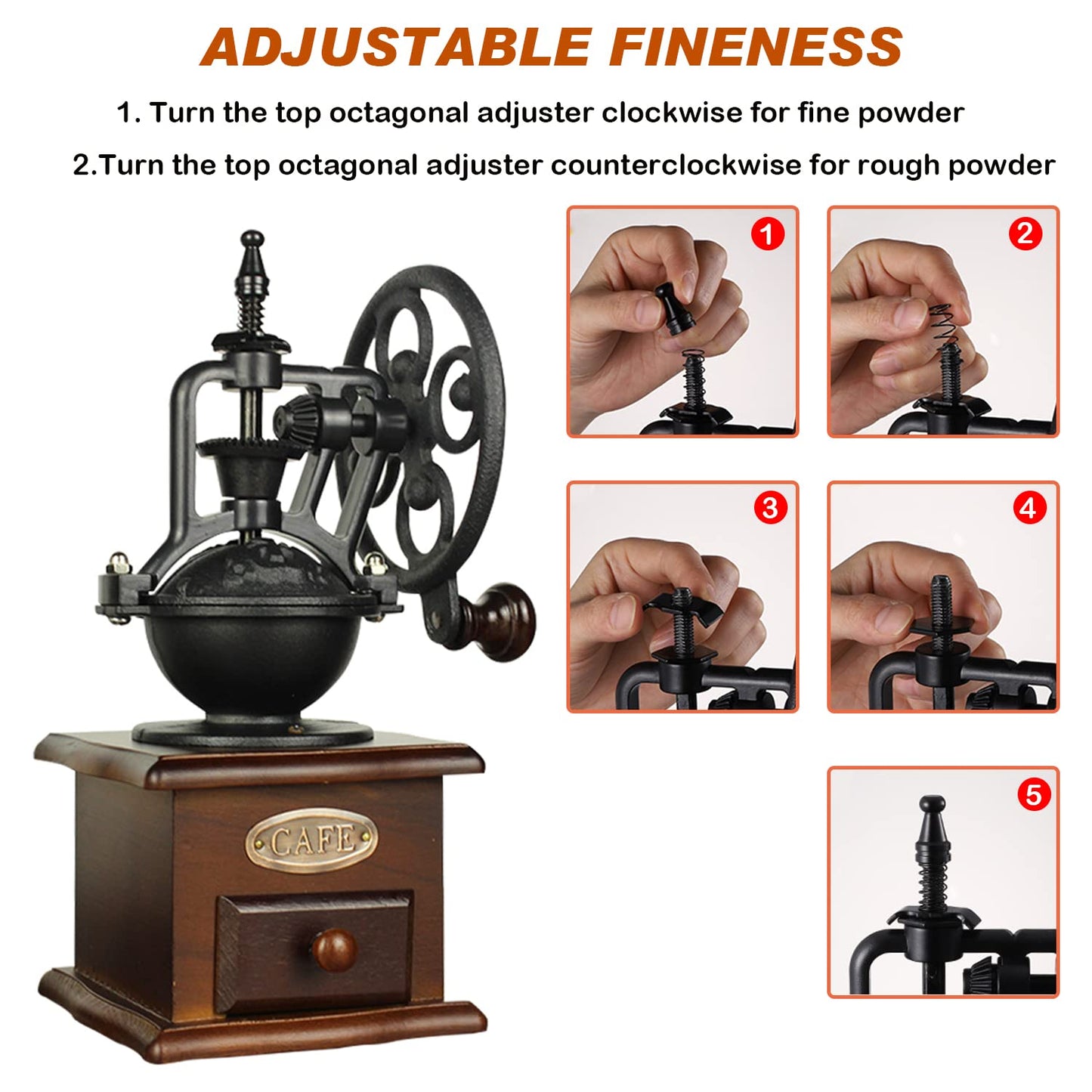 Burr Coffee Grinder, Vintage Style Wooden Hand Grinder, Classic French Press Coffee Mill With Brush