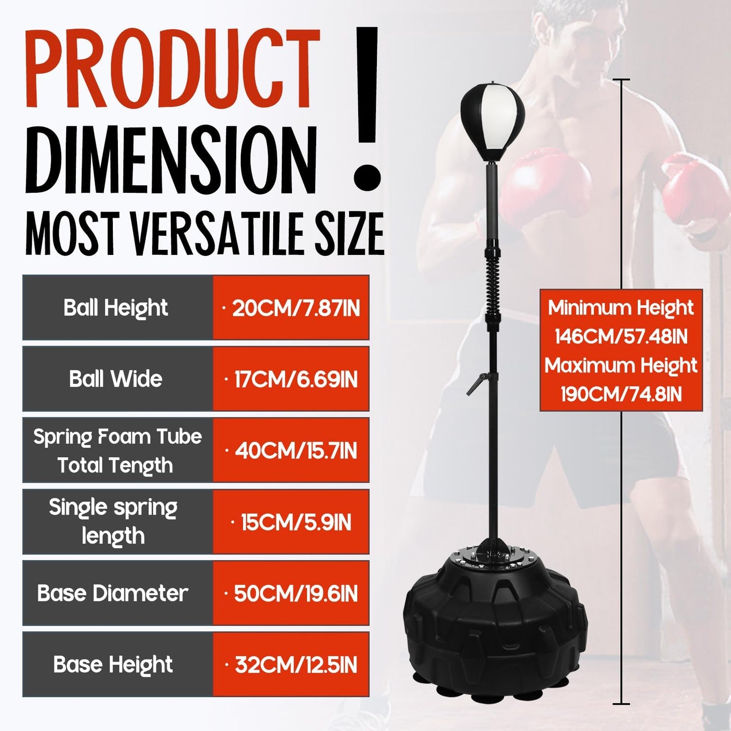 Speed Bar with Sturdy Base for MMA High-Energy Spring Training Reflex-Free Standing Boxing Bag Adjustable in Height Featuring Durable Stress Relief Ball for Fitness Fans (Black White)