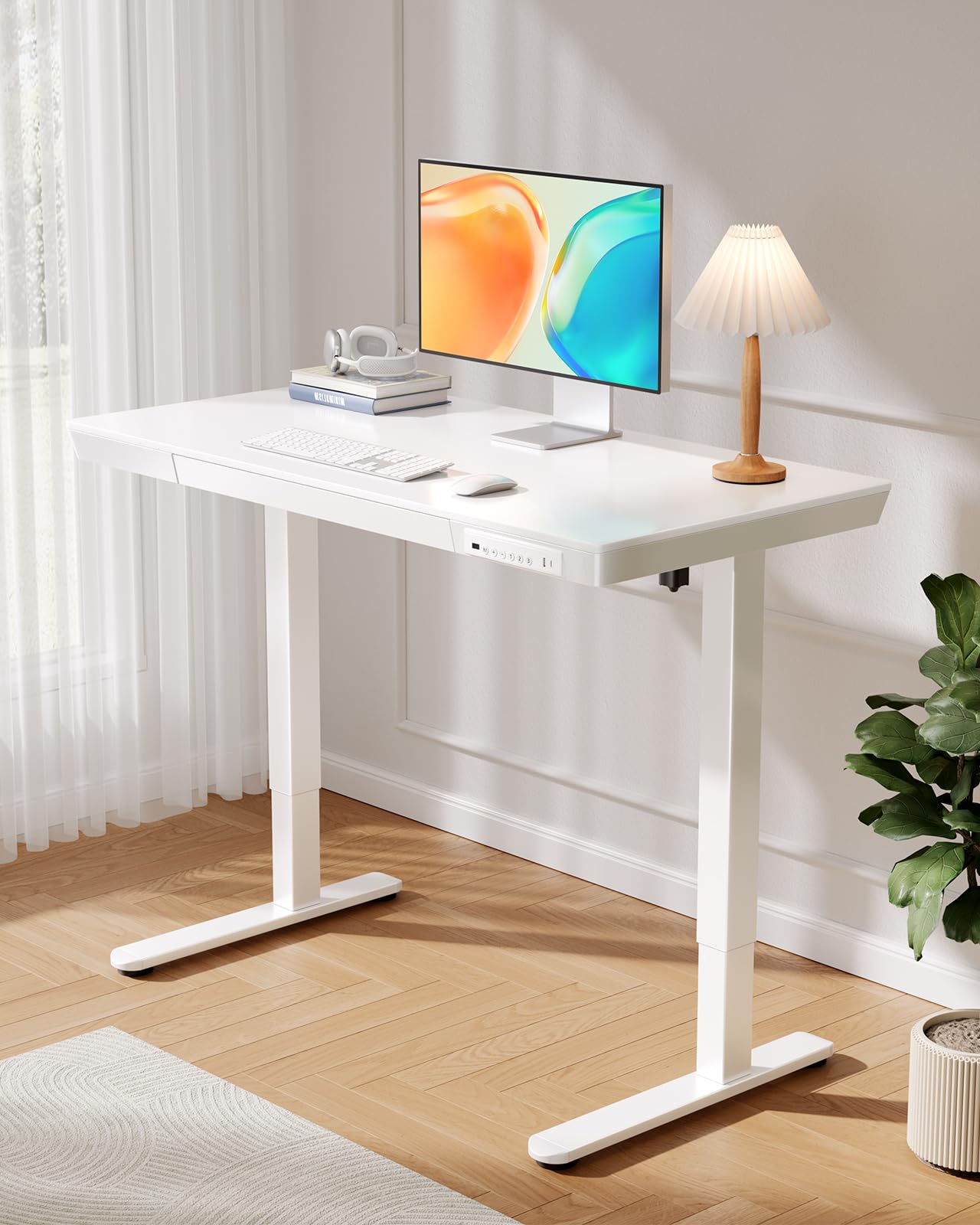 ErGear Electric Standing Desk with Drawers & USB Charging Ports, 48 x 24 Wood Height Adjustable Desk Whole Piece Home Office Computer Table, White