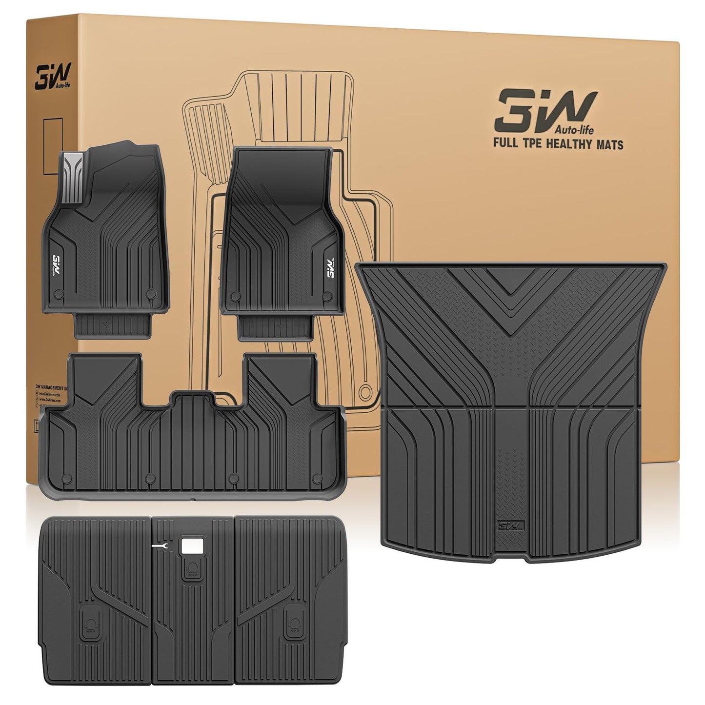 3W 2025 2026 Tesla Model Y Juniper Floor Mats with Rear Cargo Mat & Backrest Mat TPE Anti-Slip All Weather Accessories, Vigormold™