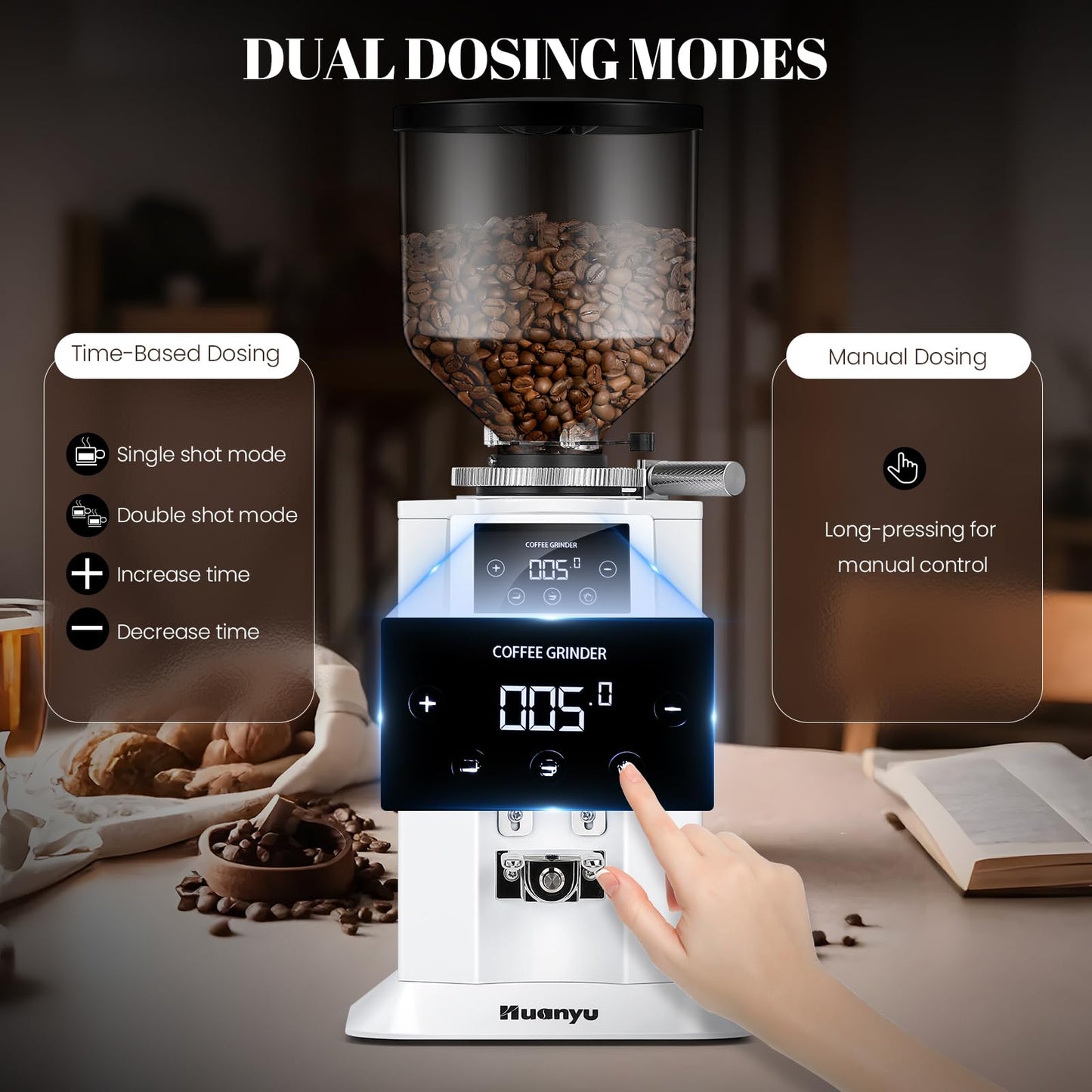Huanyu Commercial Coffee Grinder with 74mm Flat Burr Reinforced 53oz Bean Hopper (40% Thicker), 15 Stepless Grinds, Touch Screen White
