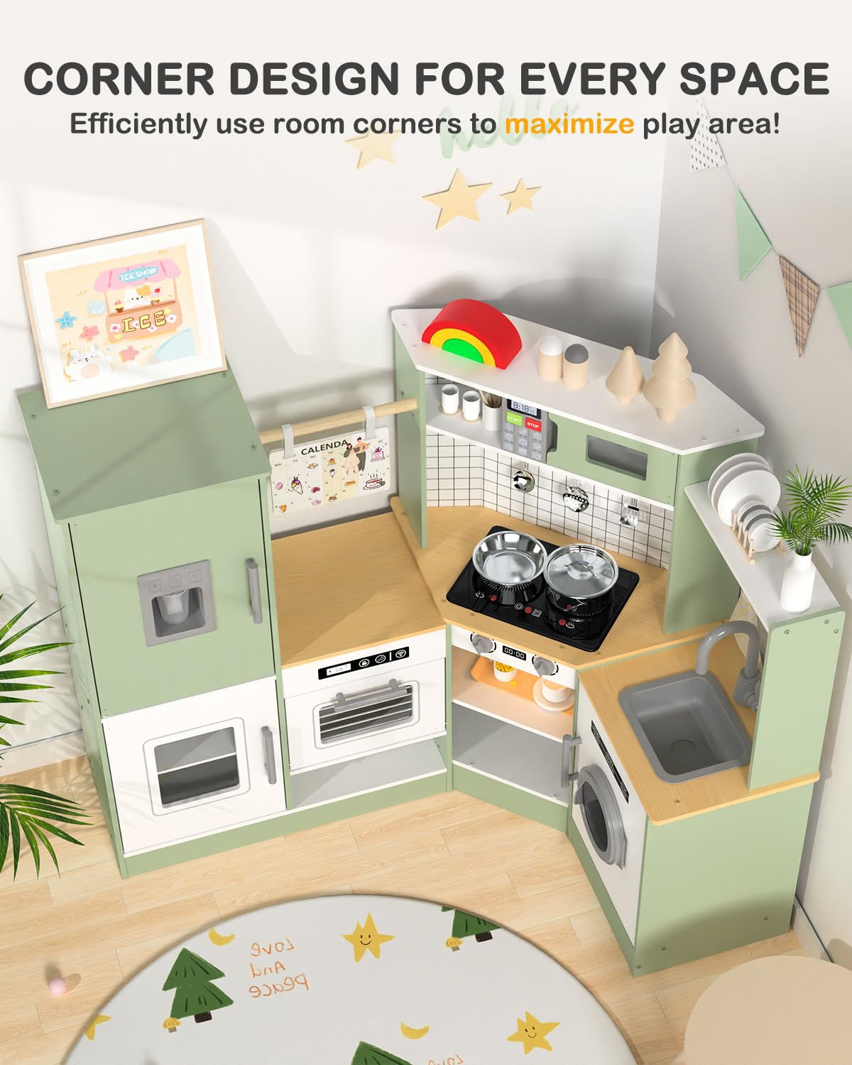 Babytronic Corner Wooden Play Kitchen Set for Kids w/Lights & Sounds, Pretend Play Kitchen Playset with Stove, Microwave, Ice Maker & Accessories, Perfect for Toddlers & Multiple Children (Green)