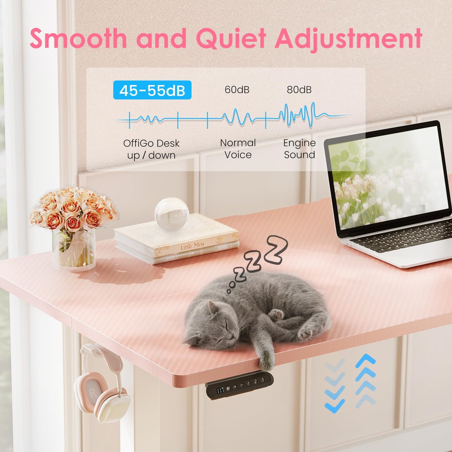 OffiGo Electric Height Adjustable Standing Desk, 48 Inch Pink Computer Desk for Women Girls, Sit Stand Table for Home, Office, Bedroom