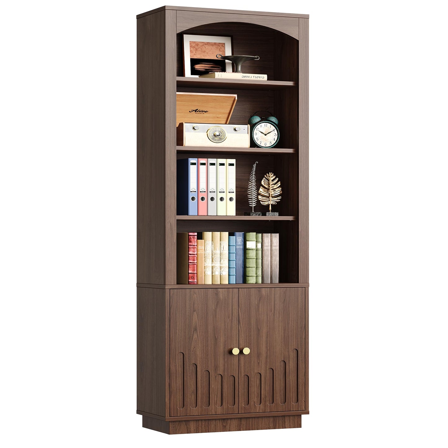 IRONCK Book Shelf and Bookcases with Doors Floor Standing 6 Shelf Display Storage Shelves, 70.8" Tall Bookcase for Home Office, Living Room, Mid-Century Modern, Walnut Brown