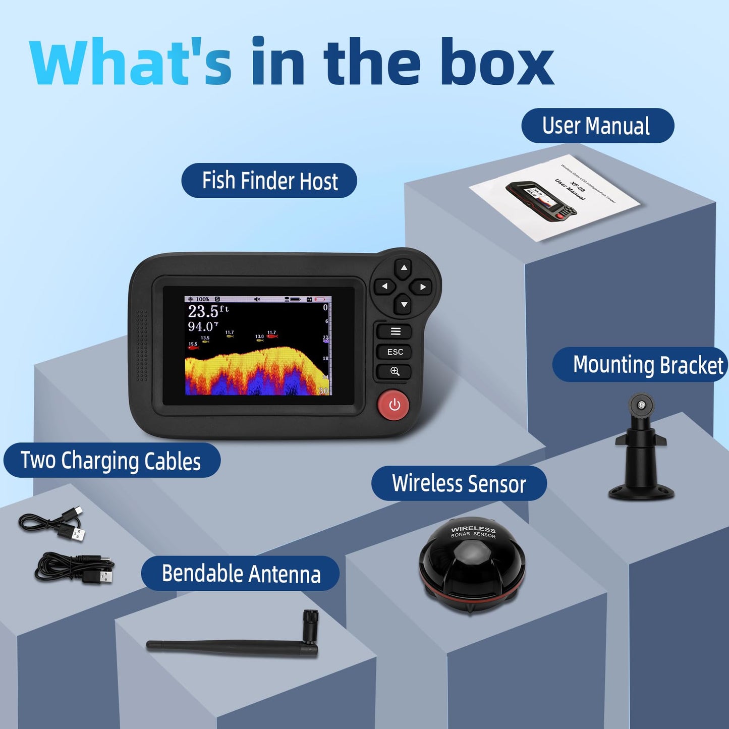 Portable Rechargeable Fish Finder, Wireless Sonar FishFinder, Castable Kayak Depth Finder with 105° Beam Angle and TFT LCD Display, 2.6-164 FT of Depth Locator, for Shore, Sea ＆ Ice Fishing