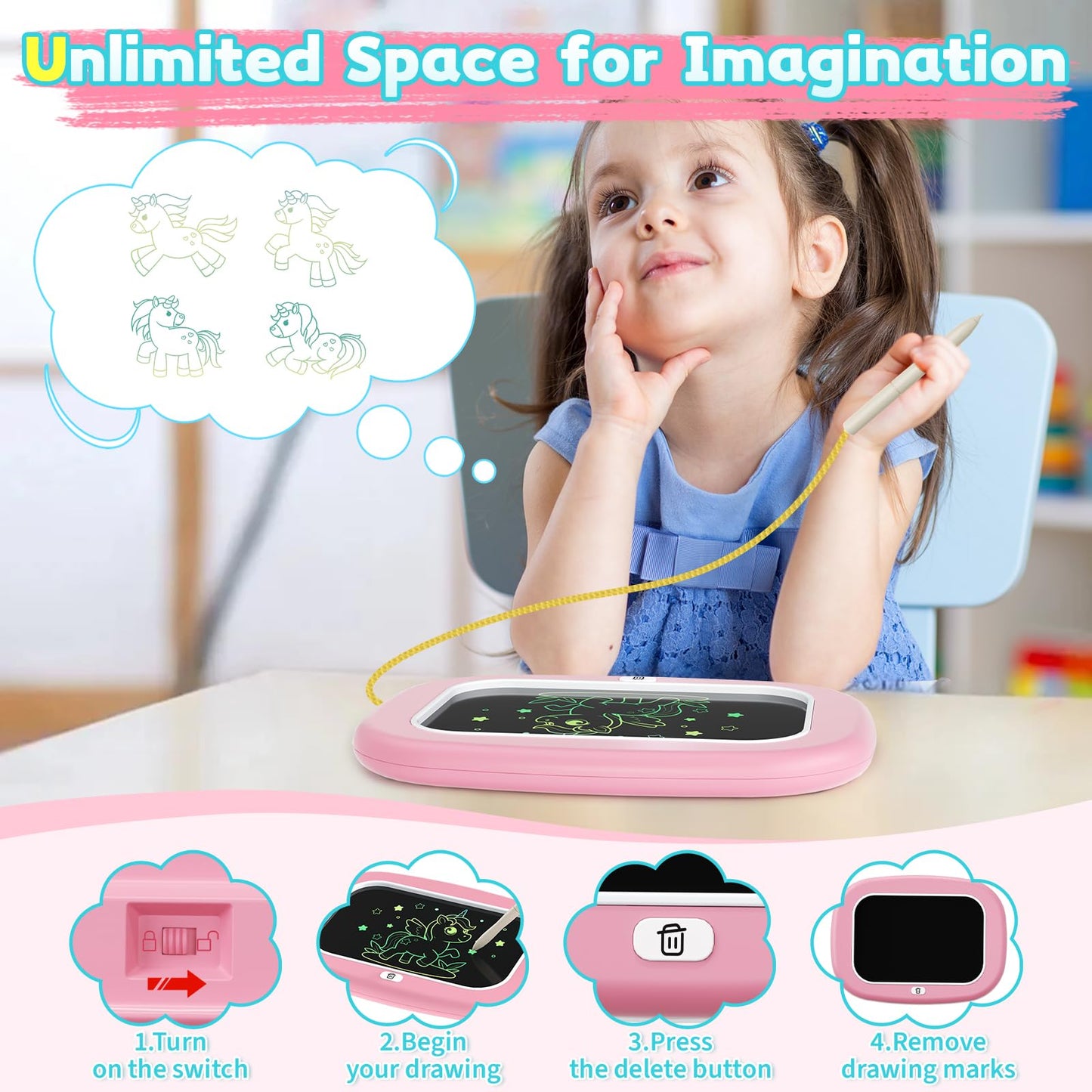 LCD Writing Tablet for Kids 1 2 3 4 5 Year Old - Toddler Drawing Tablet, Drawing Pad & Color Doodle Board Toy, Perfect Birthday & Christmas Gift Toy for 2-3 Year Old Boys and Girls (Pink)