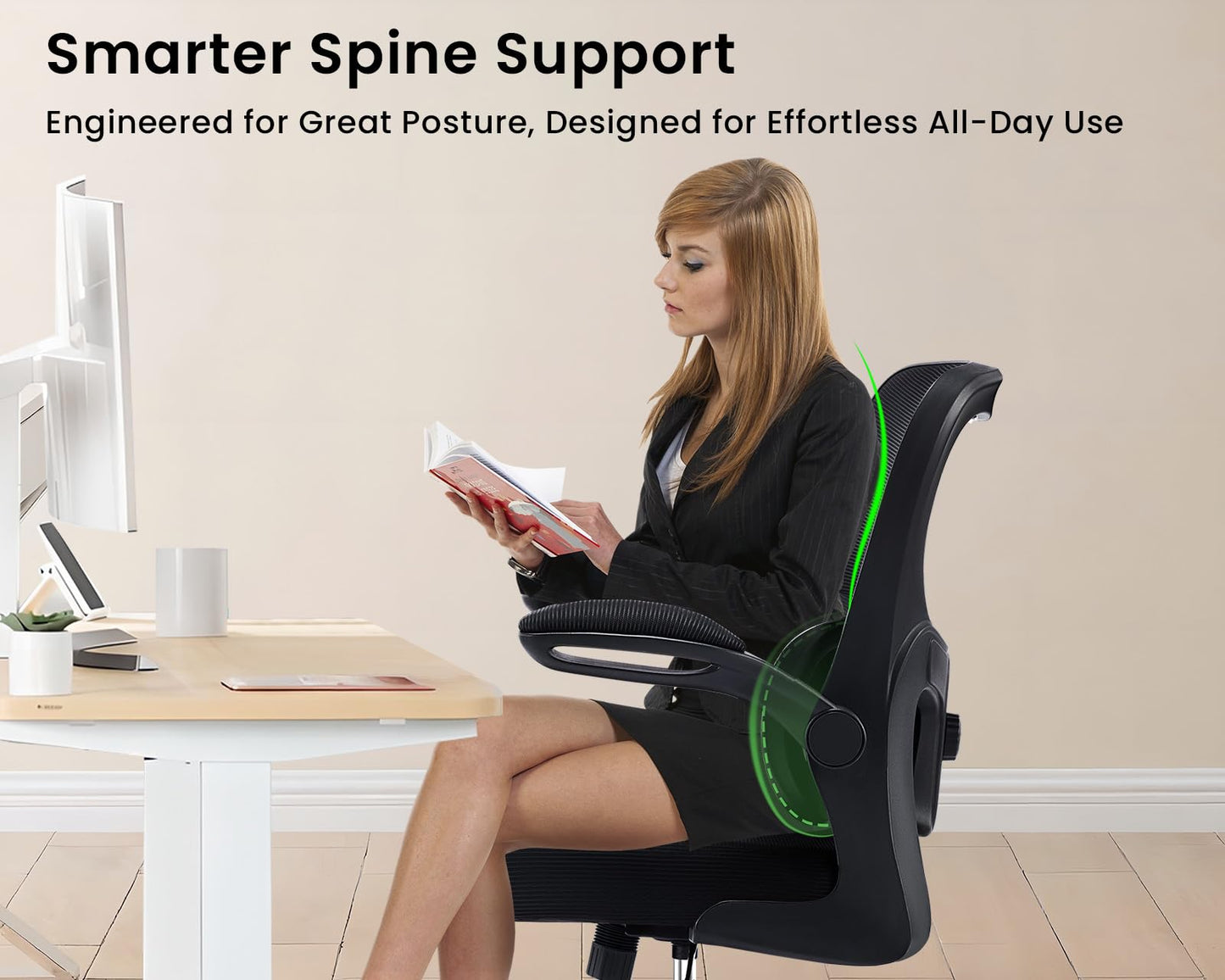 AreShark Ergonomic Office Chair, Comfy Desk Chair with Adjustable Lumbar Support, Mesh Computer Chair with Wheels, Flip-up Armrests, Swivel Rolling Executive Chair for Home Office, Gaming, Black