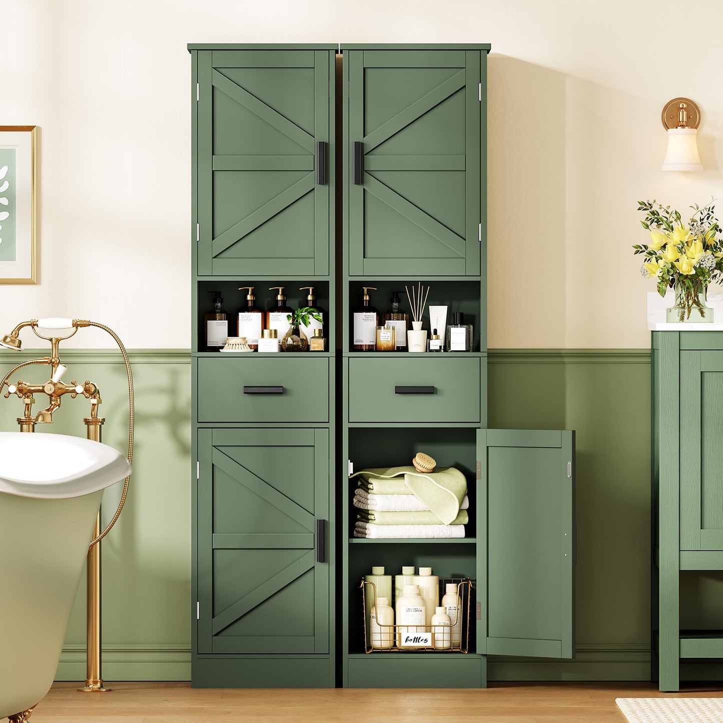 TEENFON 67" H Tall Bathroom Storage Cabinet with Barn Doors and Drawer, Narrow Bathroom Cabinet, Narrow Storage Unit, Adjustable Shelves, Floor Cabinets for Living Room, Forest Green UNSNG091V