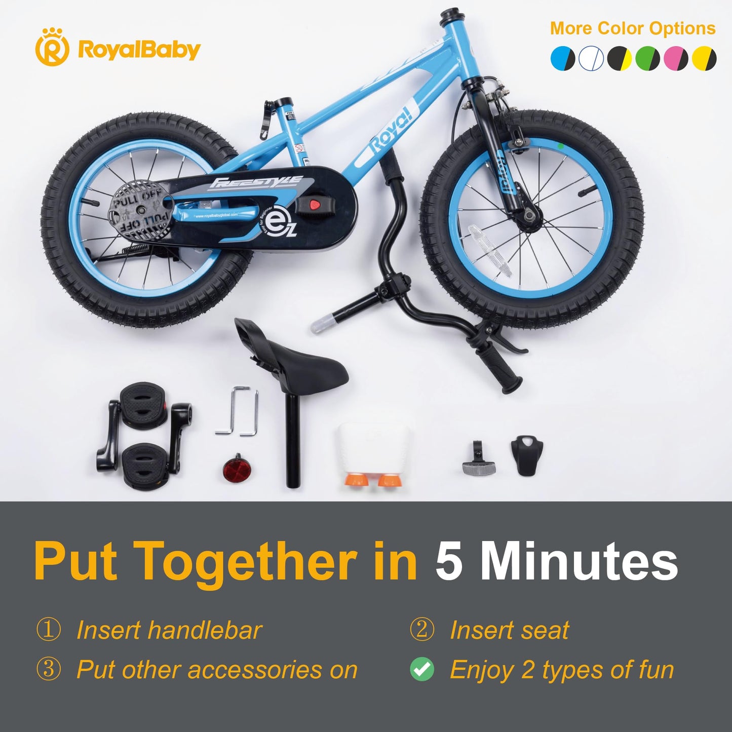 RoyalBaby Freestyle EZ Kids Bike, Easy Learn Balancing to Biking, 14 Inch Balance & Pedal Bicycle, Instant Assembly Toddlers Boys Girls Ages 3-5 Years, 14" Yellow