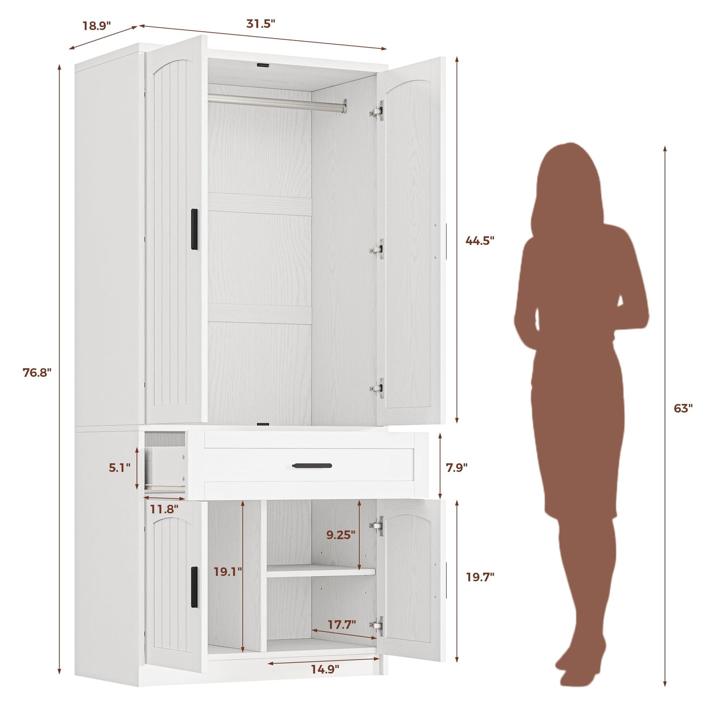 LIKIMIO 77" Tall Armoire Wardrobe Closet, Wooden Wardrobe with 4-Door and Drawer, White Clothes Storage Cabinet with Hanging Rod and Adjustable Shelves for Bedroom