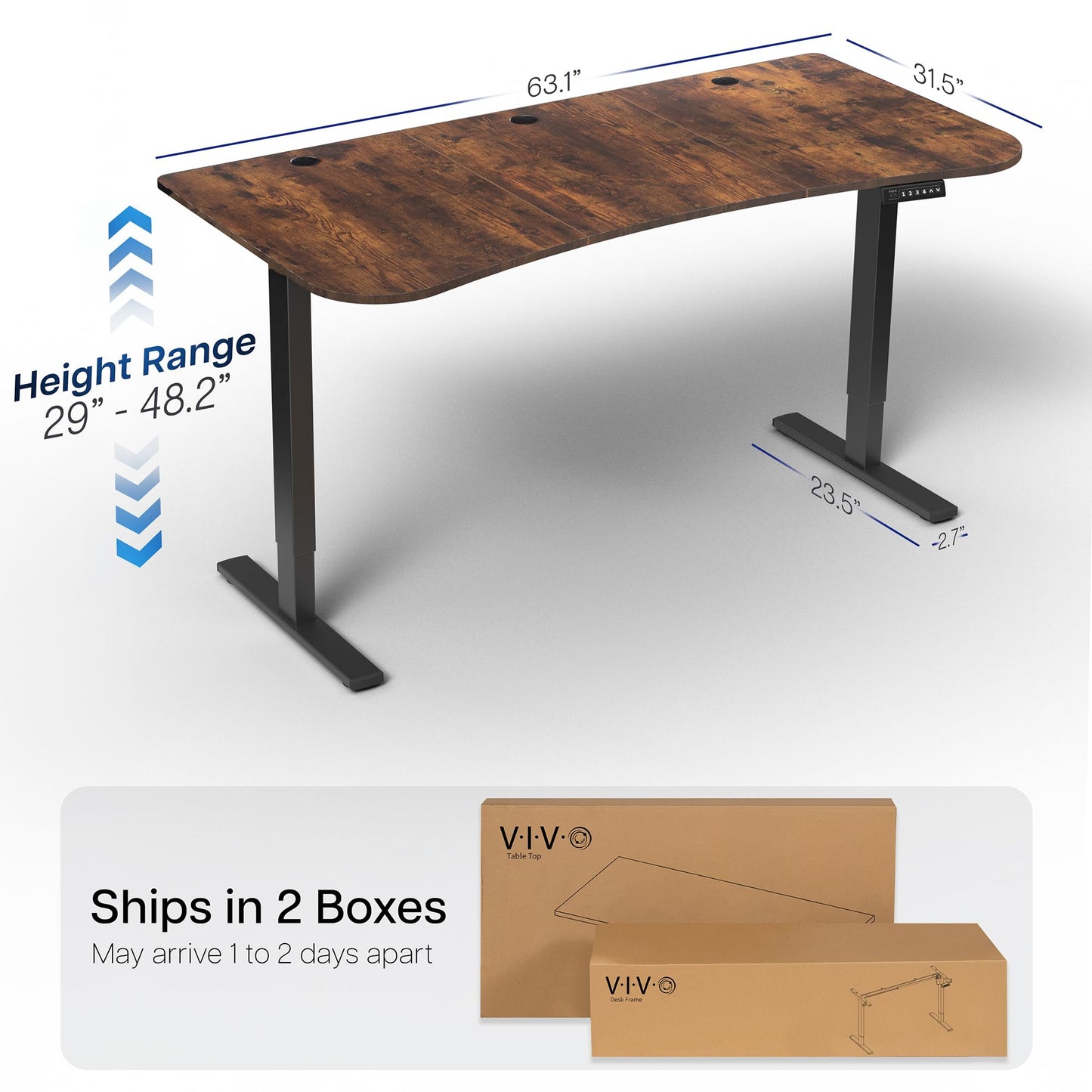 VIVO Electric 63 x 32 in Rustic Standing Desk, Memory Height Adjustment, 1B Series, Holds 220 lbs, Vintage Brown Top Black Frame, DESK-KIT-1B1N
