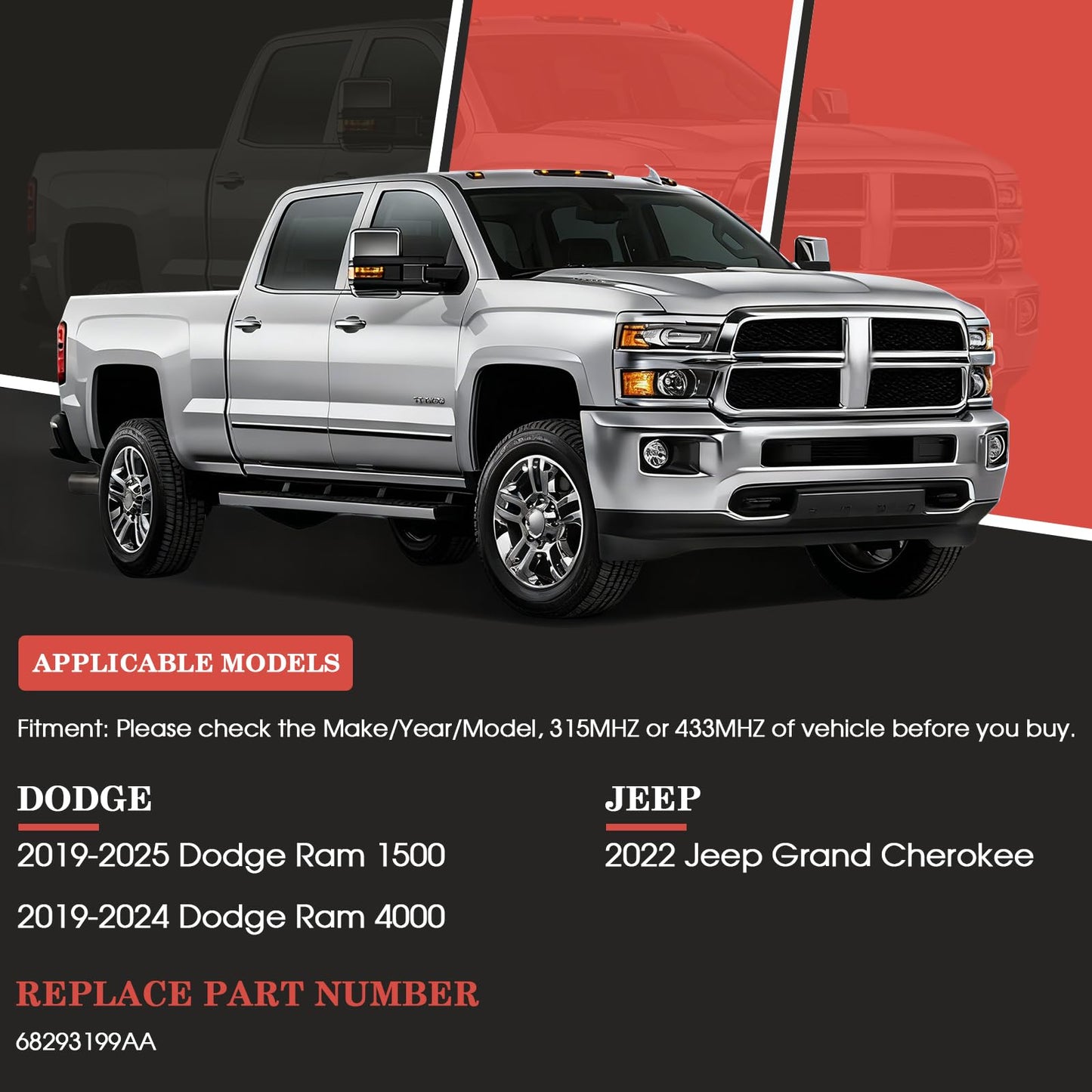 Niutudza TPMS Sensor Fit for Dodge Ram 1500 2019-2025, 433MHz Tire Pressure Monitor System Sensors Fit for RAM 2019-2024 Replace 68293199AA 4 Packs