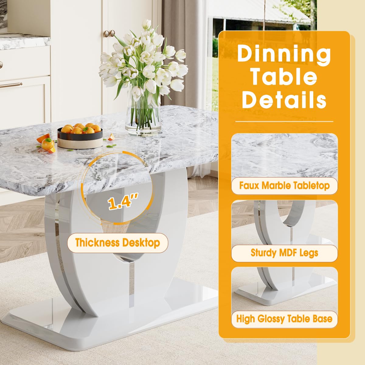 JUFU Modern Kitchen and Dining Table and Chairs Set - 63in Grey Rectangular Table with Faux Marble Top and 6 Faux Leather Chairs - Ideal for Dining Room