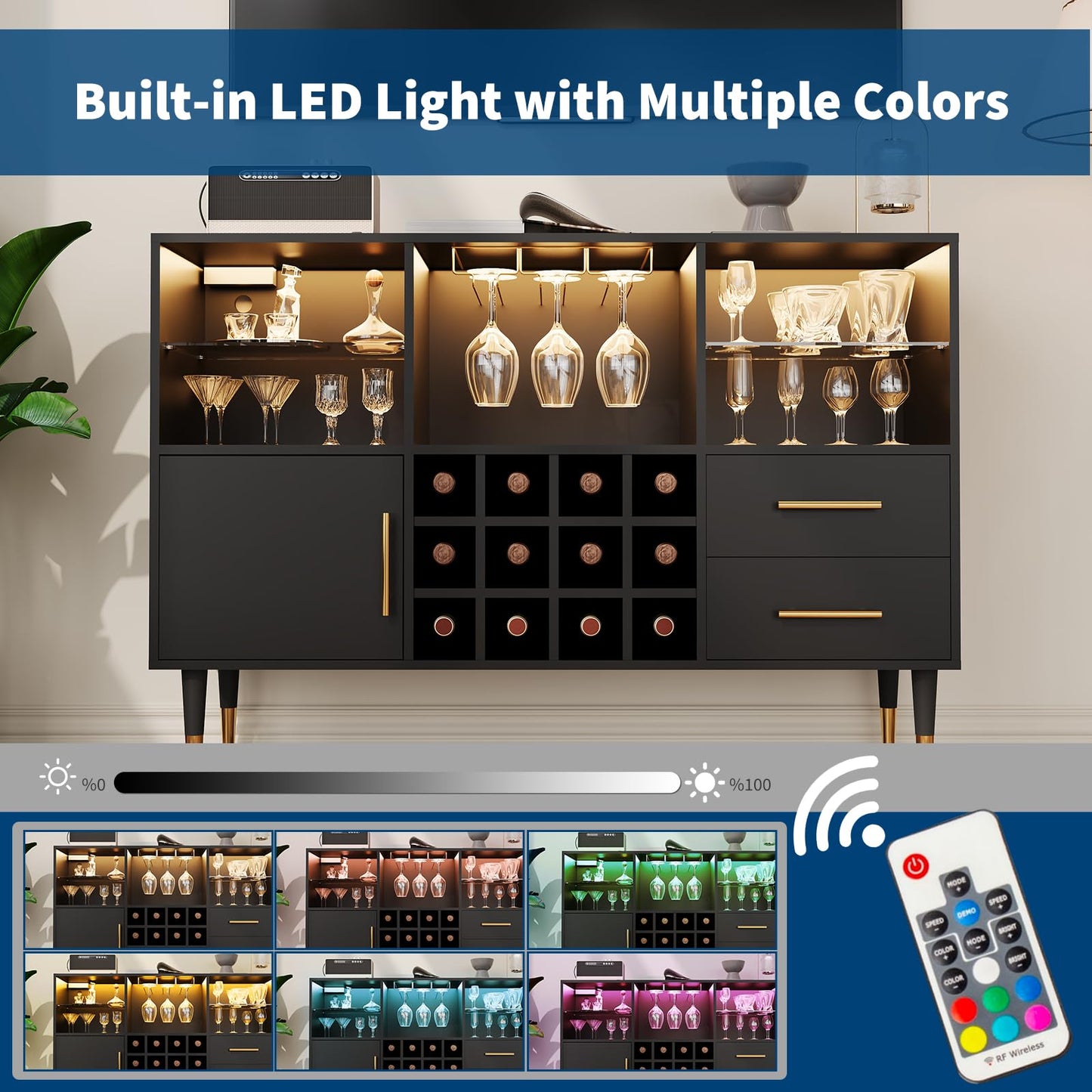 GarveeHome 47 in Bar Cabinet with LED Lights & Charging Station, Modern Sideboard Buffet Cabinet with Storage Drawers, Wine Rack & Doors, Coffee Bar Table for Living Room, Dining Room, Home- Black