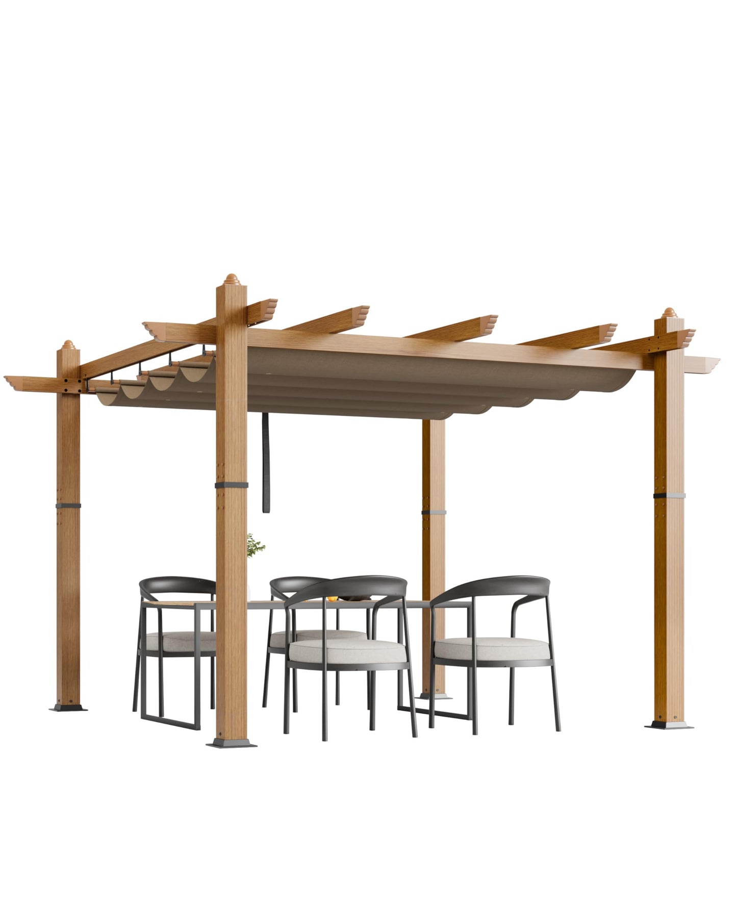10x10 Ft Outdoor Retractable Pergola with Adjustable Roof Modern Metal Patio Gazebo, Upgraded Faux Wood Grain Aluminum Pergola for Deck, Backyard Gardens, Porches, Grapevines, Khaki