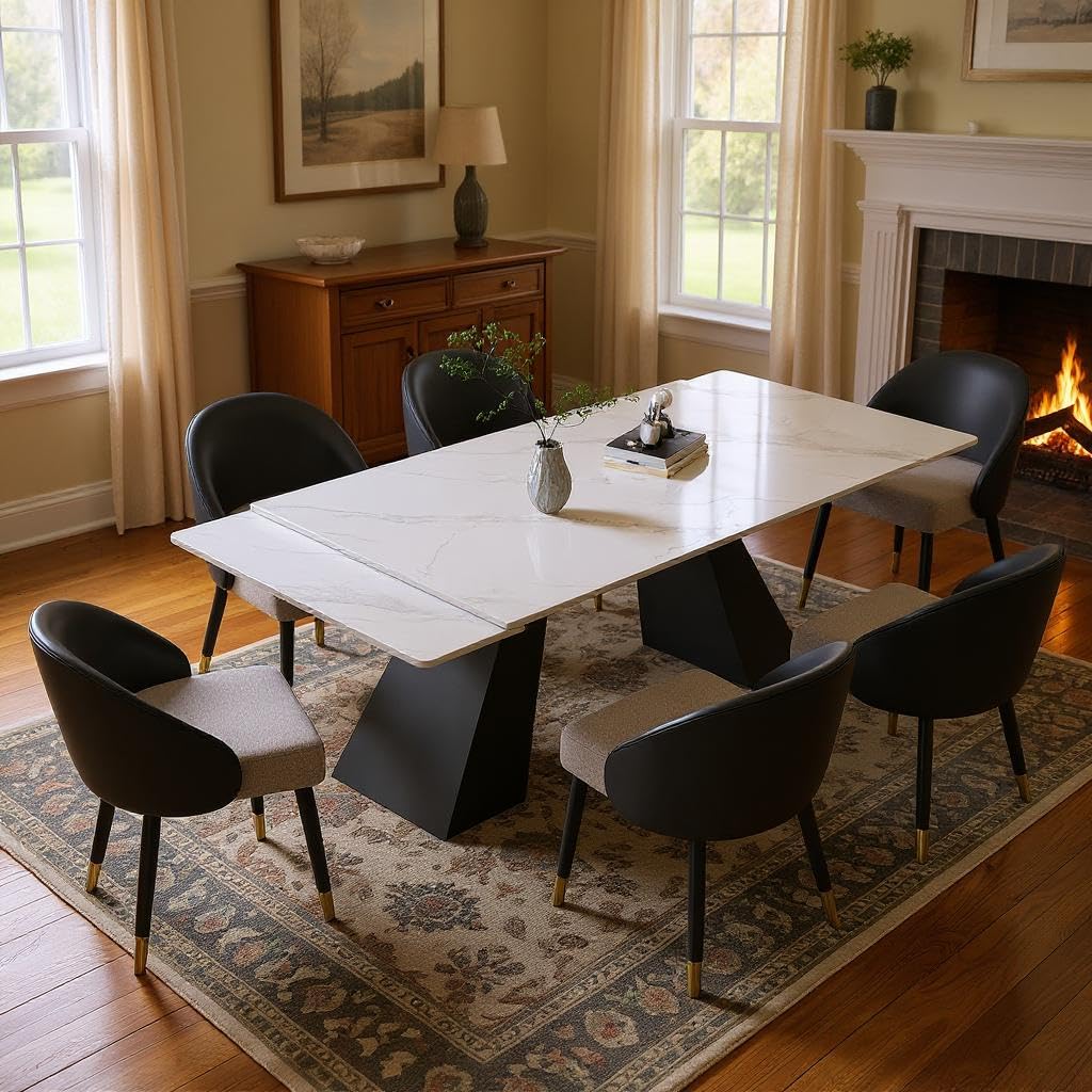 62.9" to 94" Modern Sintered Stone Luxury Rectangular Dining Table for 6-8 People, White Top with Black Base, Contemporary Style for Living Room