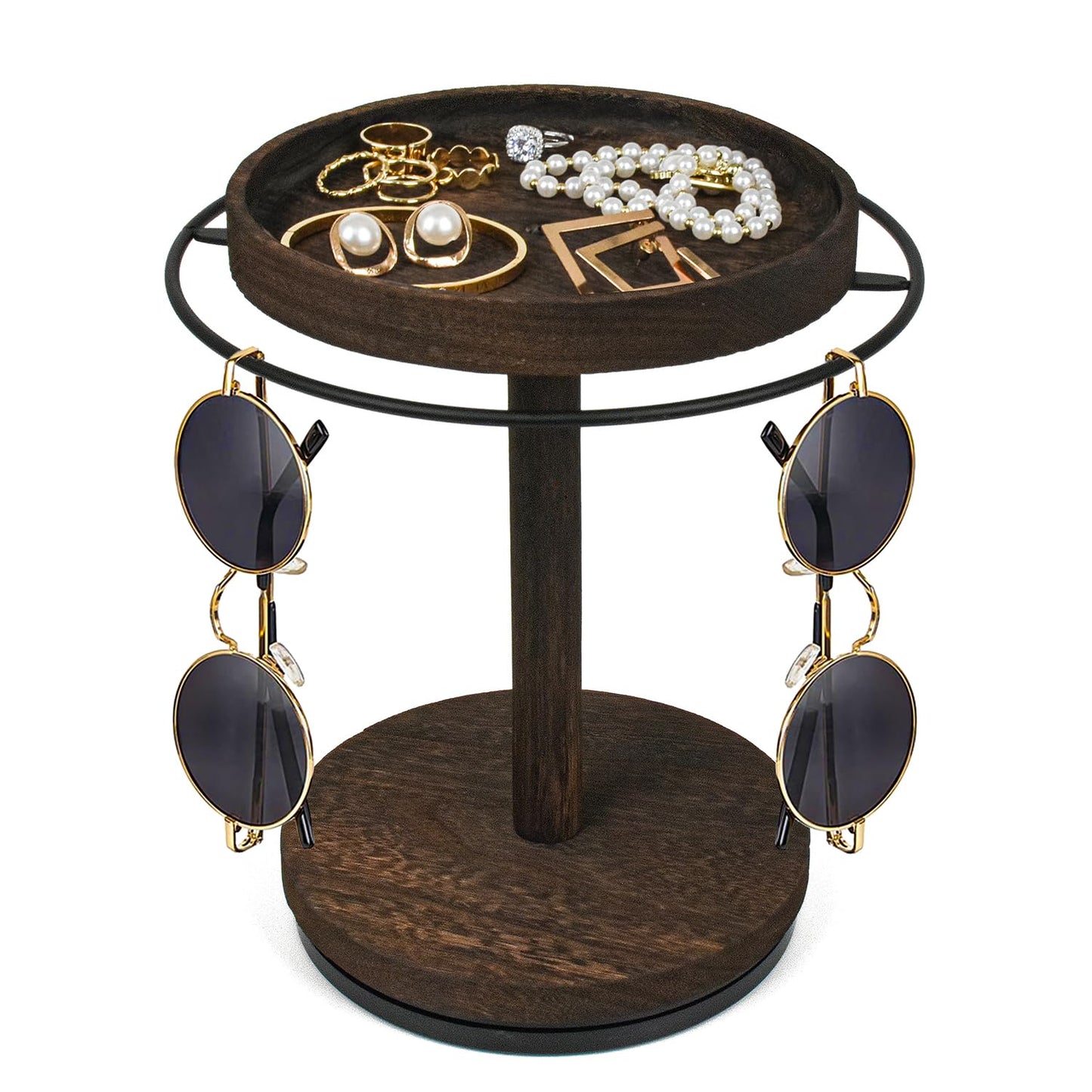 Sunglasses Organizer 360° Rotating Eyeglass Holder Stand with Wood Tray and Base, Eye Glass Display Rack for Multiple Sunglass Storage for Table Dresser Nightstand Desk
