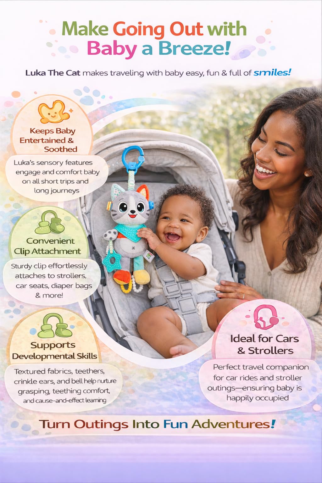Balibazoo Luka The Cat Hanging Baby Toy – Soft Plush Sensory Toy with 3 BPA-Free Silicone Teethers, Crinkle Ears & Hidden Bell | Clip for Stroller, Car Seat, and Carrier | Developmental Toy 0-24M