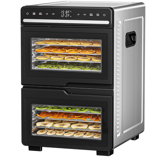 Kndko Food Dehydrator 1100W Machine With Digital Adjustable Temperature and 72H Timer,2 separate chambers,12 Stainless Steel Trays for Fruits Vegetables and Meat