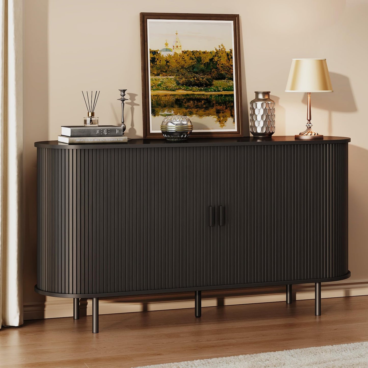 Buffet Sideboard Cabinet with Storage, 55" Fluted Cabinet with Sliding Door & Adjustable Shelf, Modern Accent Coffee Bar Console Table for Kitchen, Entryway, Black