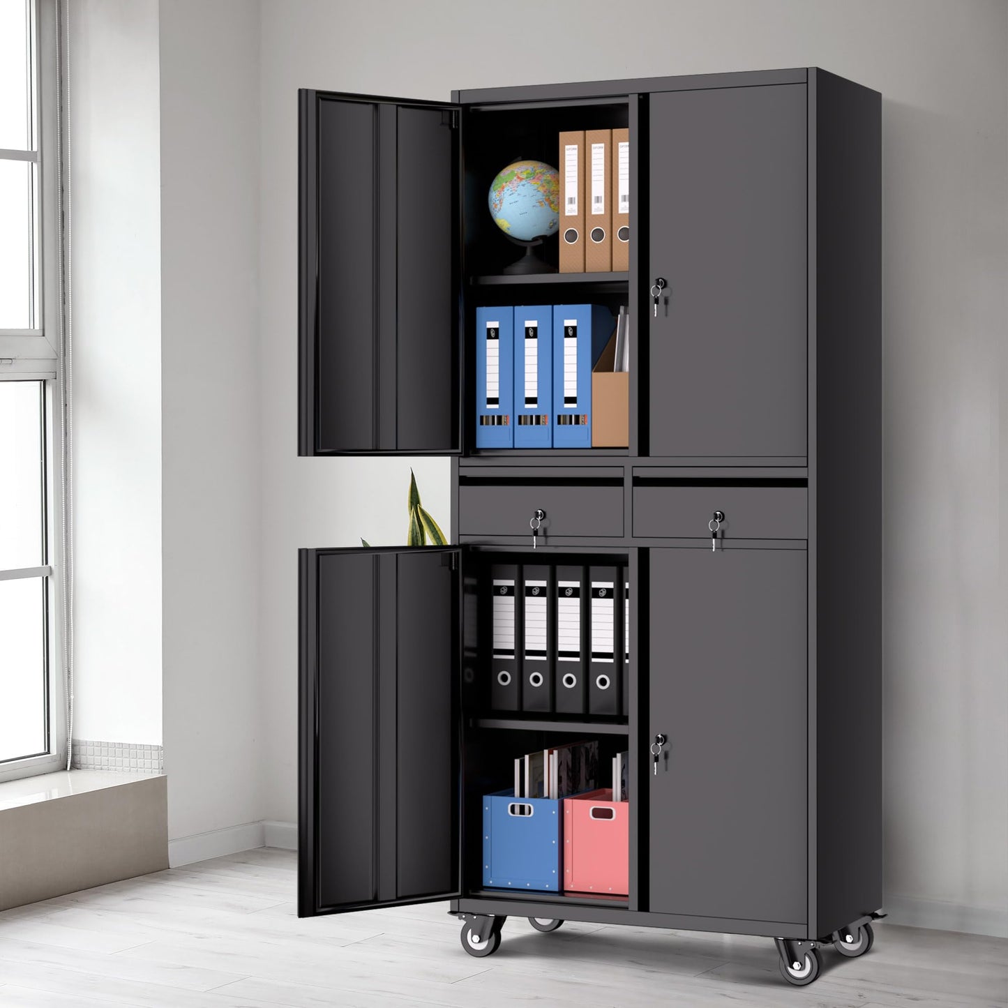 GarveeHome 73'' Metal Storage Cabinet, Heavy Duty Garage Storage with Wheels, Locking Doors and 2 Drawers, Adjustable Shelves, Black