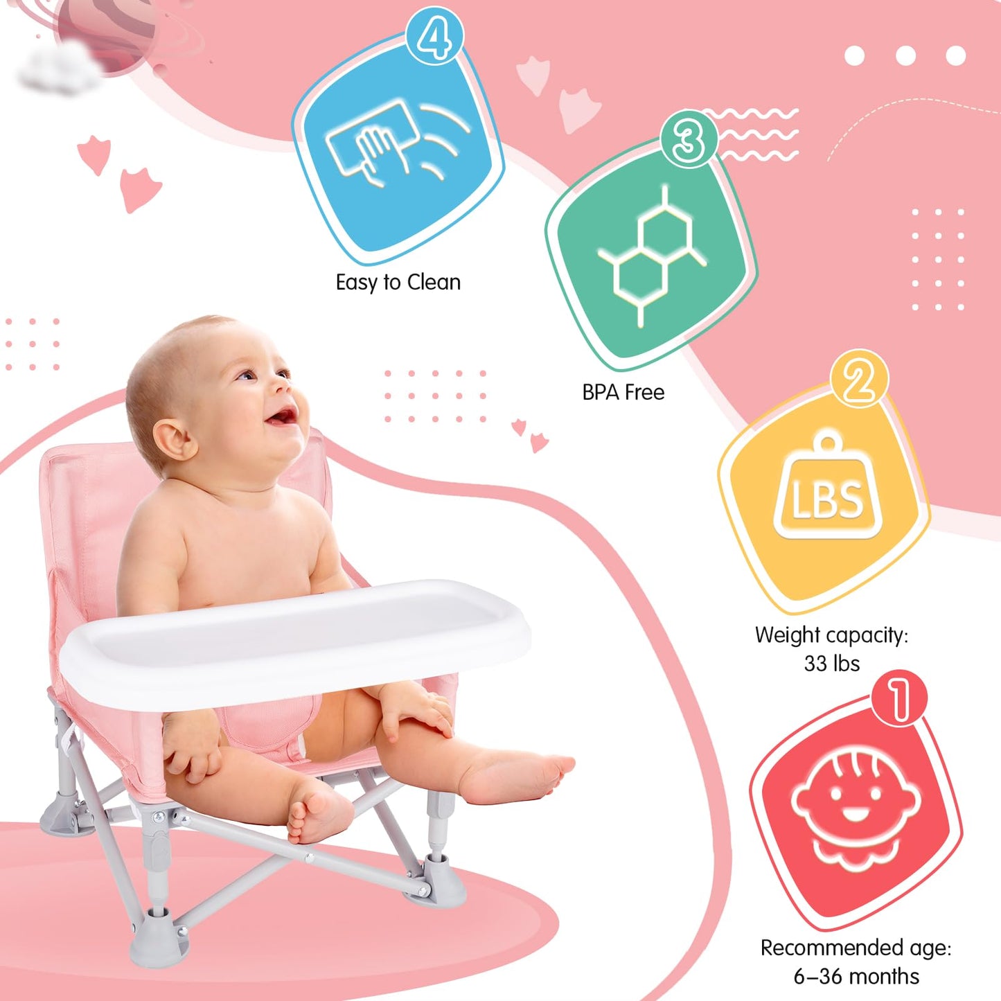 Furmubei Portable Baby Booster Seat with Tray, Toddler Booster seat for Dining, Camping, Travel, Baby Beach Chair 6 Months to 3 Years Old Indoor Outdoor Use Pink