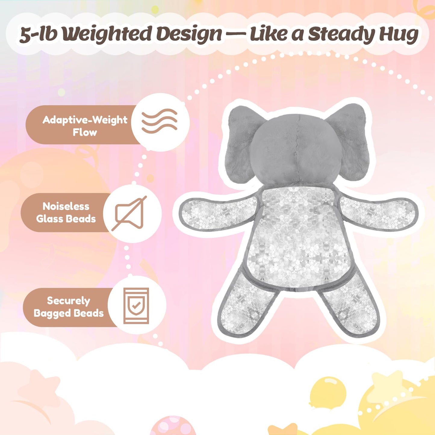 BRICHOEE 5lbs Weighted Stuffed Animals, Elephant Plush Sensory Weighted Elephant Stuffed Animals, Cute Plush Toy Calming Plushie Pillow Birthday Gifts for Adults Baby Kids Boys Girls