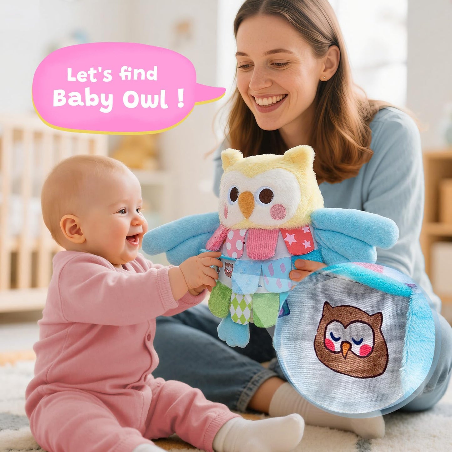 JoyCat Sensory Owl Baby Toy for 0-12 Months, 13''Soft Tummy Time Infant Toy with Multi-Textured Crinkle Feathers, Baby Mirror, Stuffed Animal Plush Montessori Easter Gifts for Newborn Boys and Girls