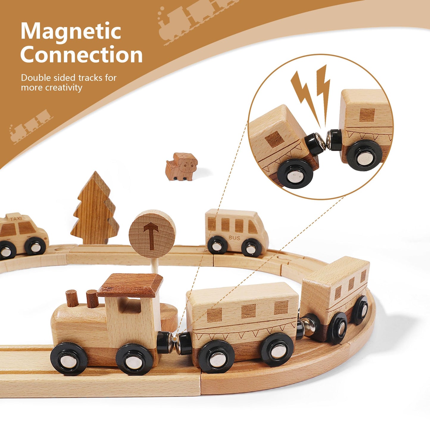 Miosea 32PCS Wooden Train Set for Toddlers, 10.6 by 8.66 Inch Compact Size Double-Side Tracks Expandable Montessori Toys Compatible with Educational Fine Motor Skills Toy for 3 Year Old Boys Girls