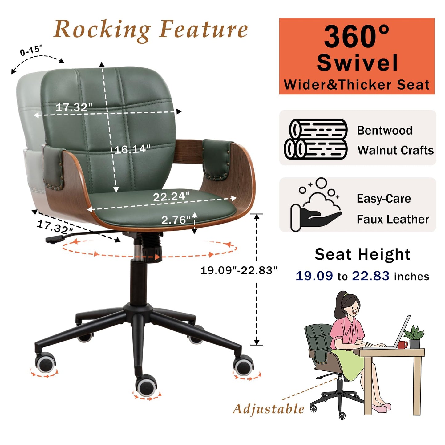 Home Office Desk Chair with Caster Wheels, Walnut Craftsmanship, Ergonomic Curved Back and Arms, Faux Leather, Height Adjustable, Computer Chair for Desk Work, Executive Task, Conference Rooms - Green