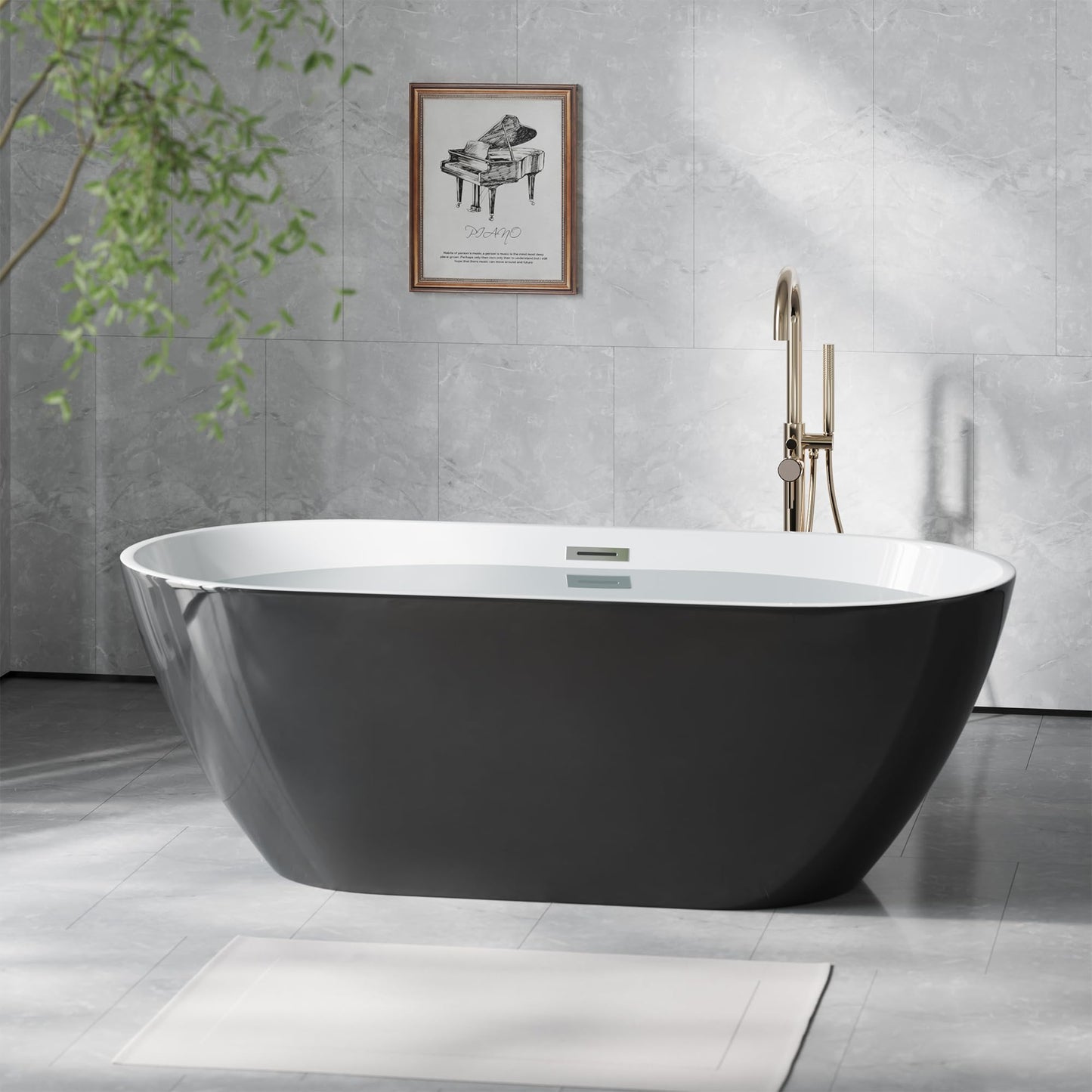 Luxury Freestanding Bathtub 67 Inch – Extra Large Acrylic Free Standing Soaking Tub with Integrated Overflow & Chrome Drain, Black & White Stand Alone Bathtub for Modern Bathroom