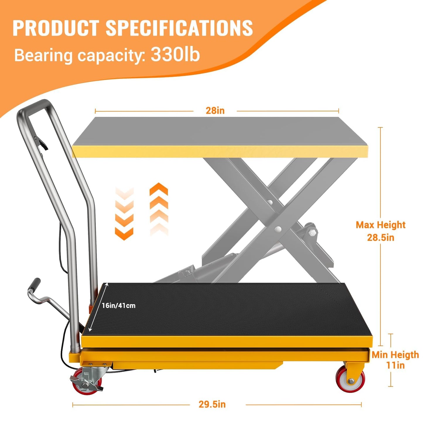 GarveeTech Hydraulic Lift Table Cart, 330lbs Capacity 28.5" Lifting Height, Manual Single Scissor Lift Table with Locking Wheels and Non-Slip Pad, Hydraulic Scissor Cart for Material Handling,Yellow